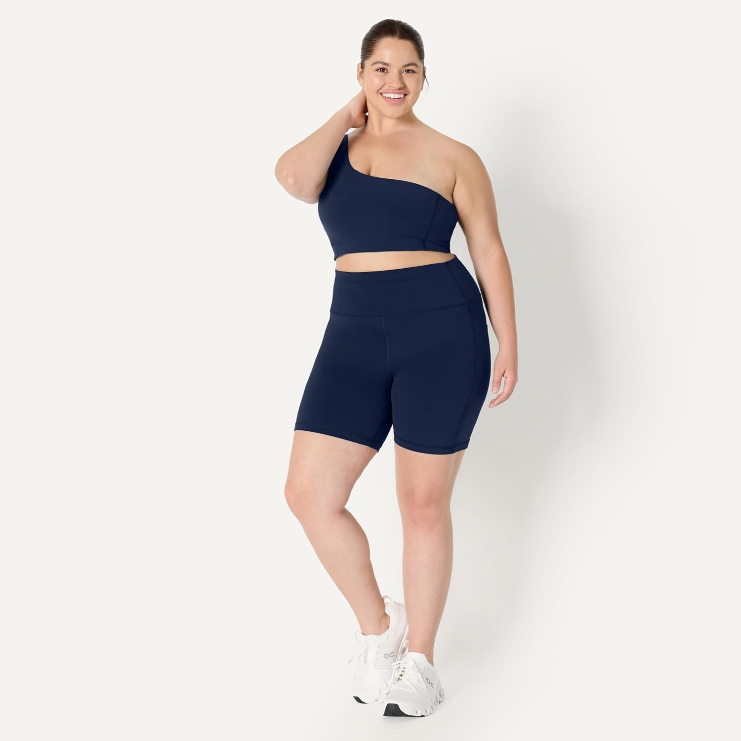 image:imageAmazon Essentials Womens Active FormFlex Buttery Soft Light Support One Shoulder Strappy Back Sports BraNavy