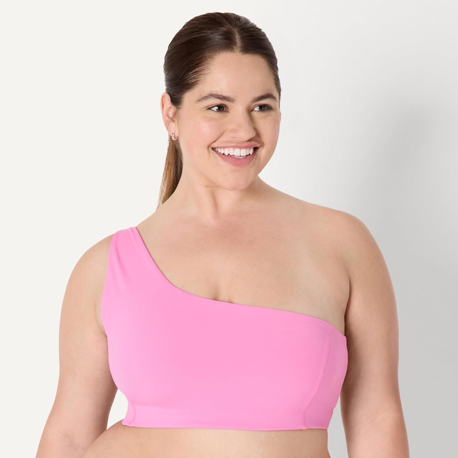 image:imageAmazon Essentials Womens Active FormFlex Buttery Soft Light Support One Shoulder Strappy Back Sports BraPink