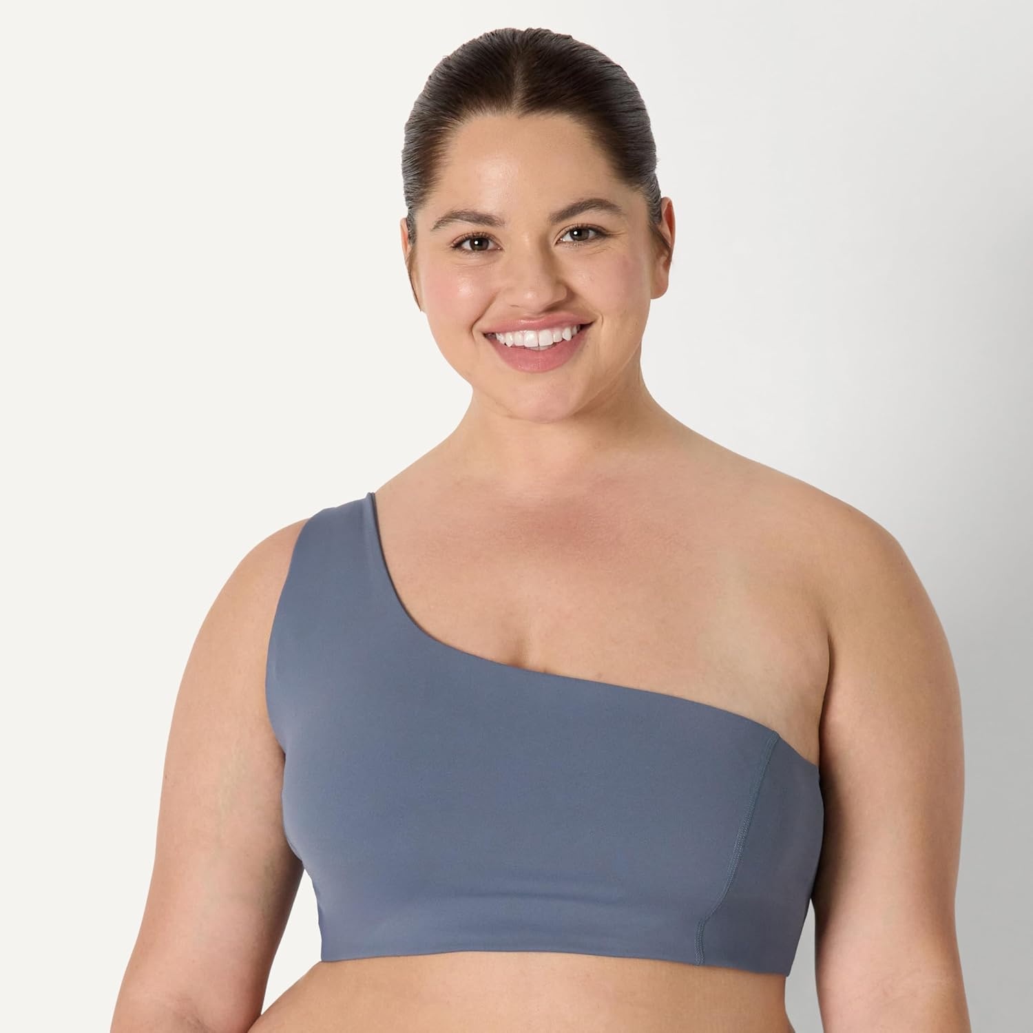 image:imageAmazon Essentials Womens Active FormFlex Buttery Soft Light Support One Shoulder Strappy Back Sports BraSlate Grey