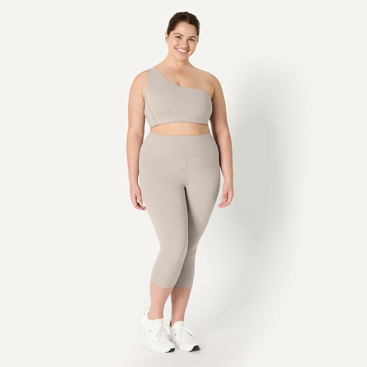 image:imageAmazon Essentials Womens Active FormFlex Buttery Soft Light Support One Shoulder Strappy Back Sports BraTaupe
