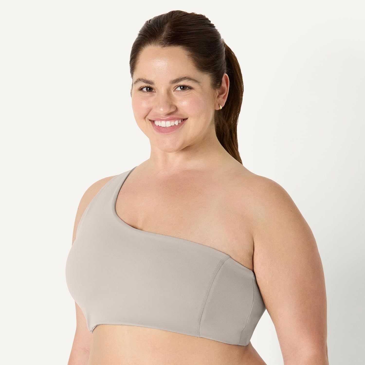 image:imageAmazon Essentials Womens Active FormFlex Buttery Soft Light Support One Shoulder Strappy Back Sports BraTaupe
