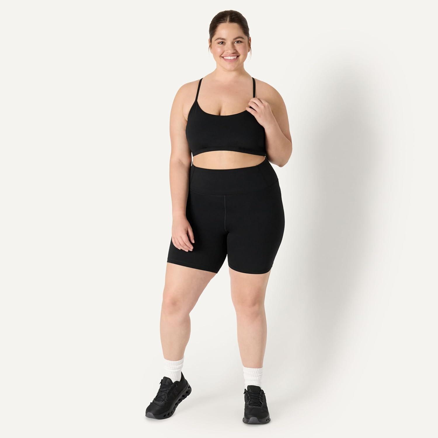image:imageAmazon Essentials Womens Active FormFlex Buttery Soft Light Support YBack Thin Strap Moisture Wicking Yoga Sports BraBlack