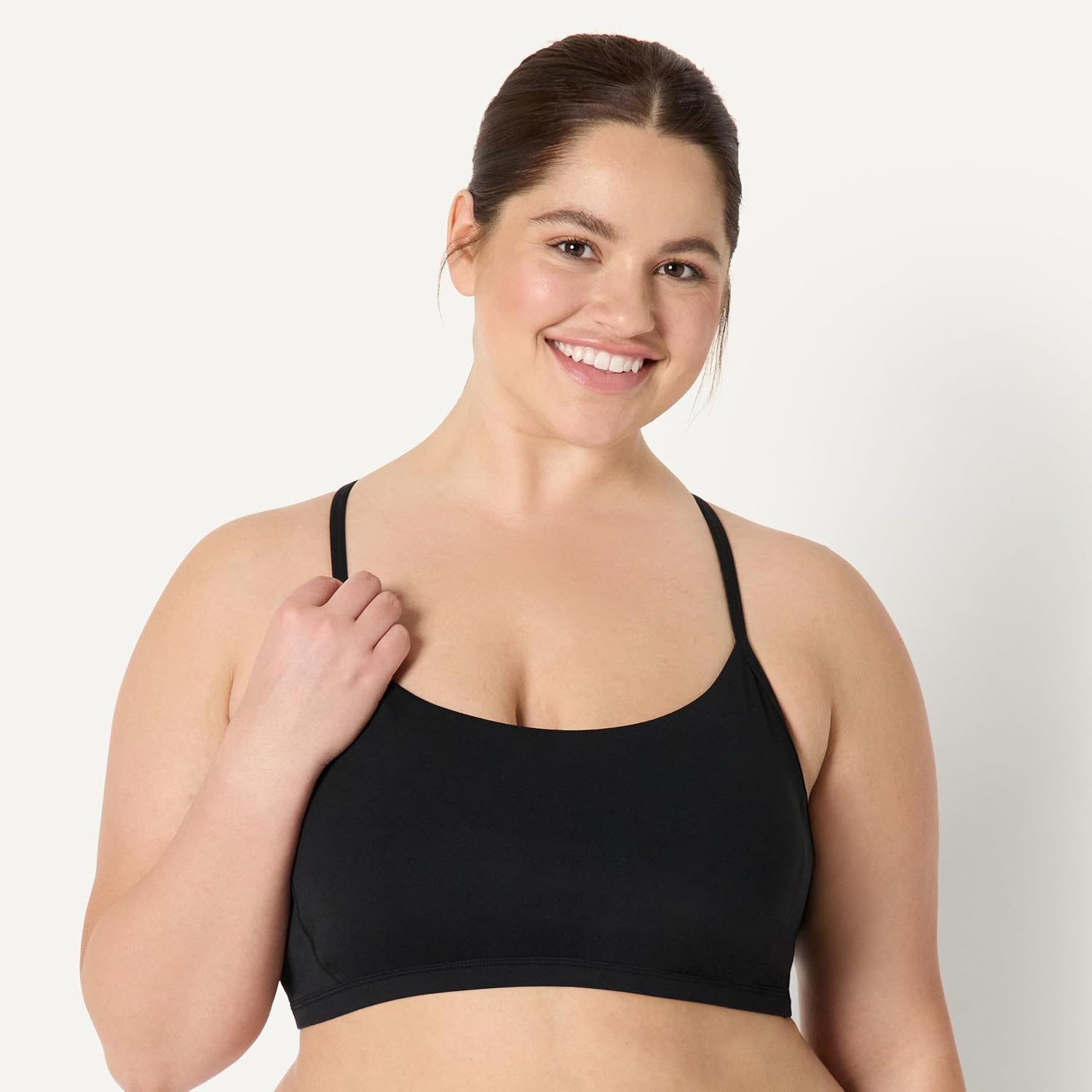 image:imageAmazon Essentials Womens Active FormFlex Buttery Soft Light Support YBack Thin Strap Moisture Wicking Yoga Sports BraBlack