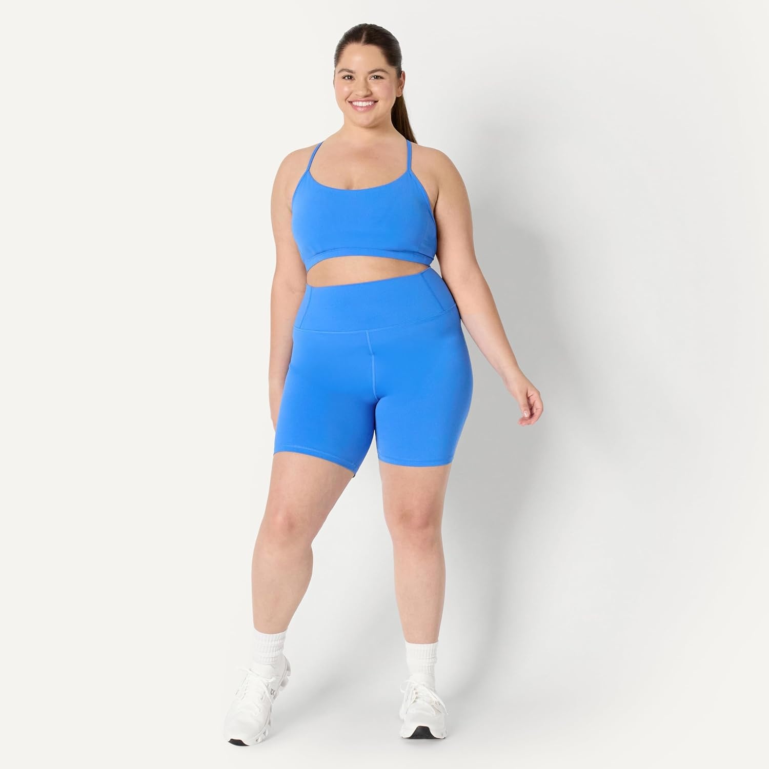 image:imageAmazon Essentials Womens Active FormFlex Buttery Soft Light Support YBack Thin Strap Moisture Wicking Yoga Sports BraBlue
