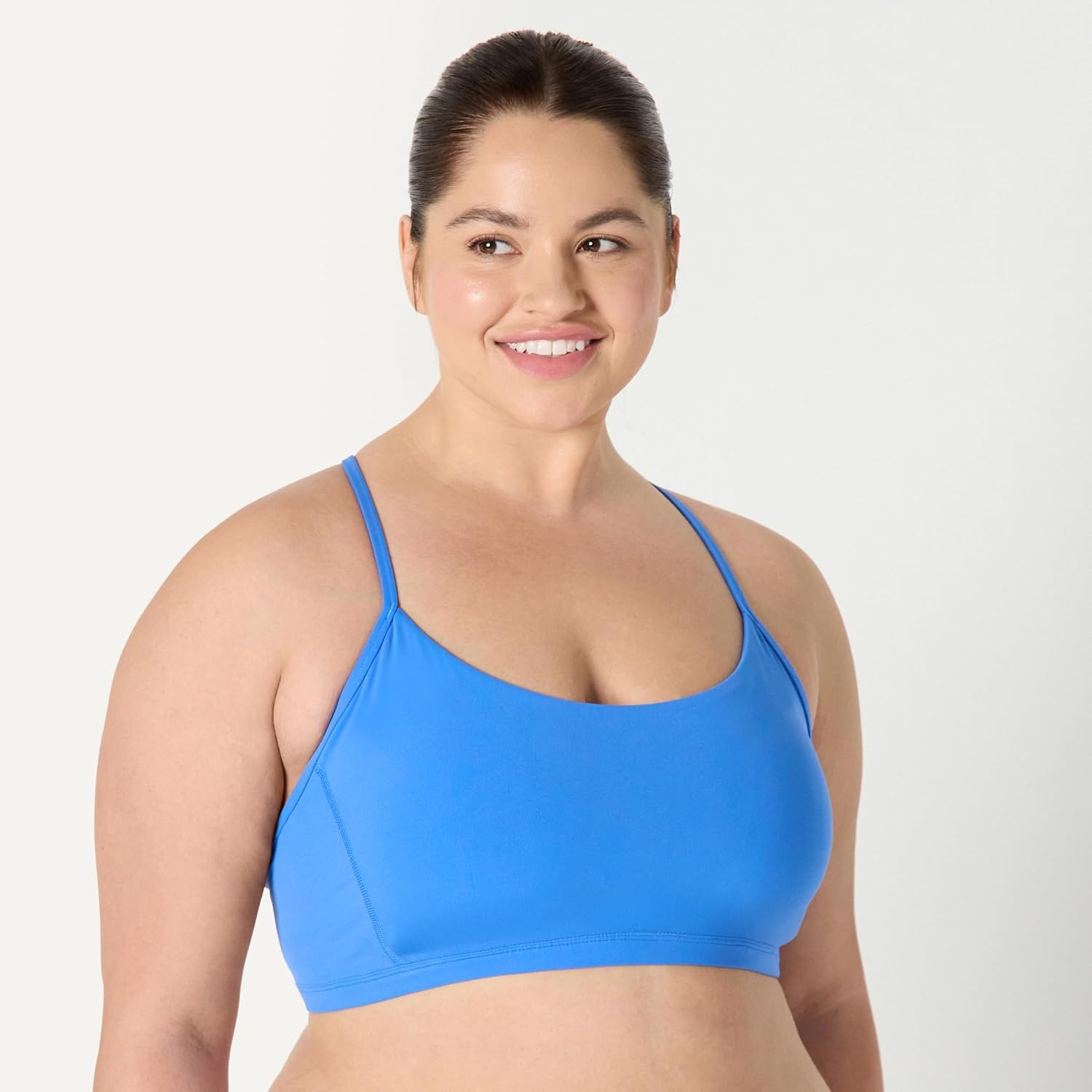image:imageAmazon Essentials Womens Active FormFlex Buttery Soft Light Support YBack Thin Strap Moisture Wicking Yoga Sports BraBlue
