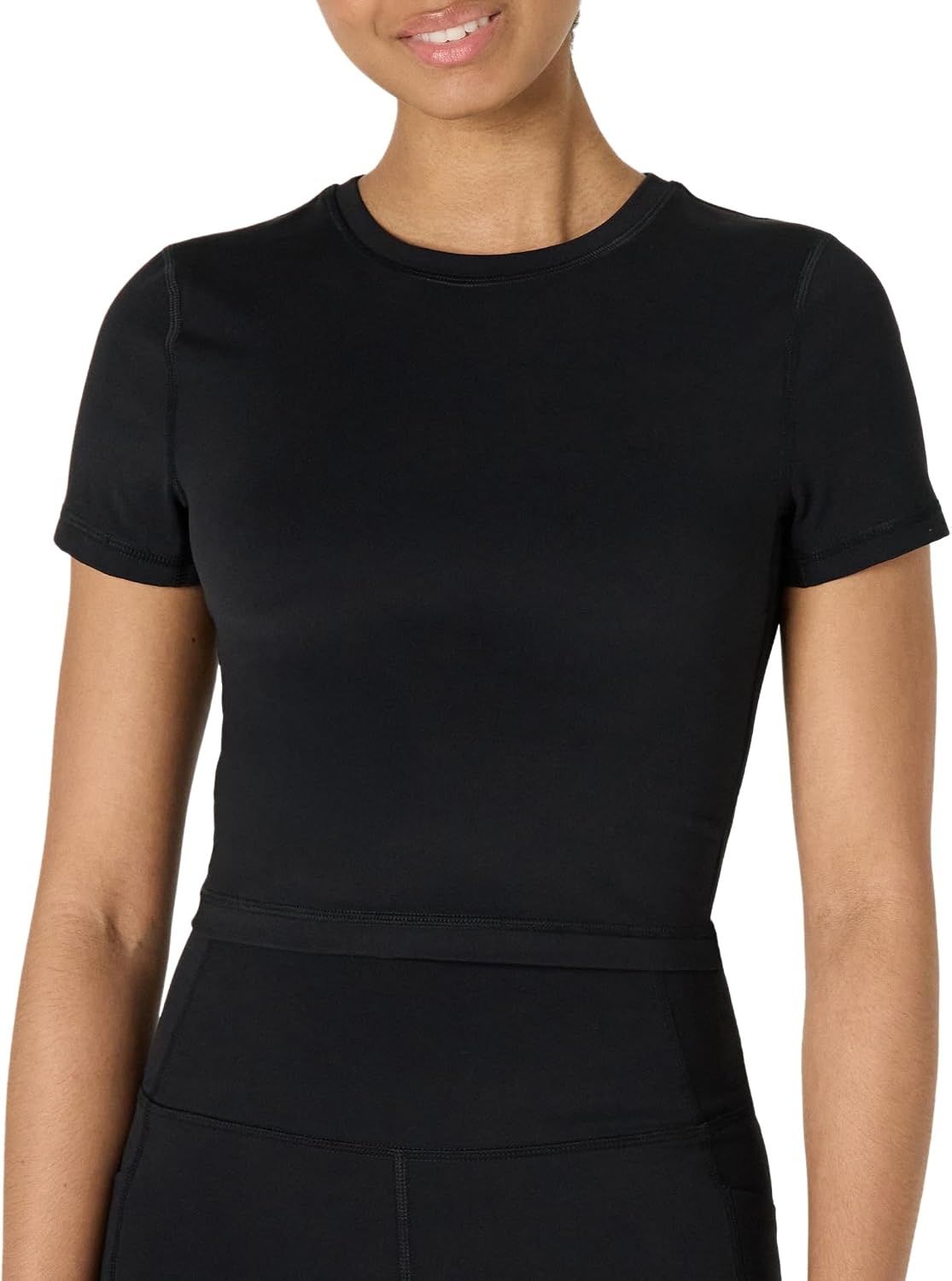 image:imageAmazon Essentials Womens Active FormFlex Buttery Soft Slim Fit Crop Layering Workout Top MoistureWickingBlack