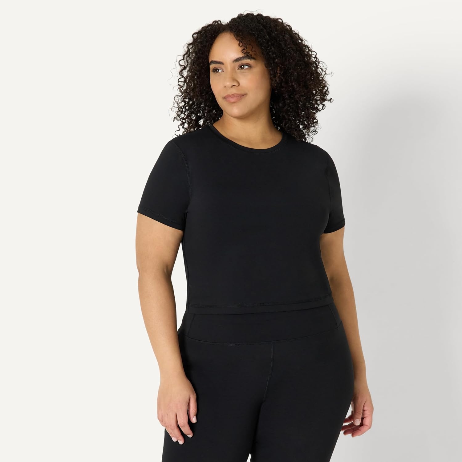 image:imageAmazon Essentials Womens Active FormFlex Buttery Soft Slim Fit Crop Layering Workout Top MoistureWickingBlack