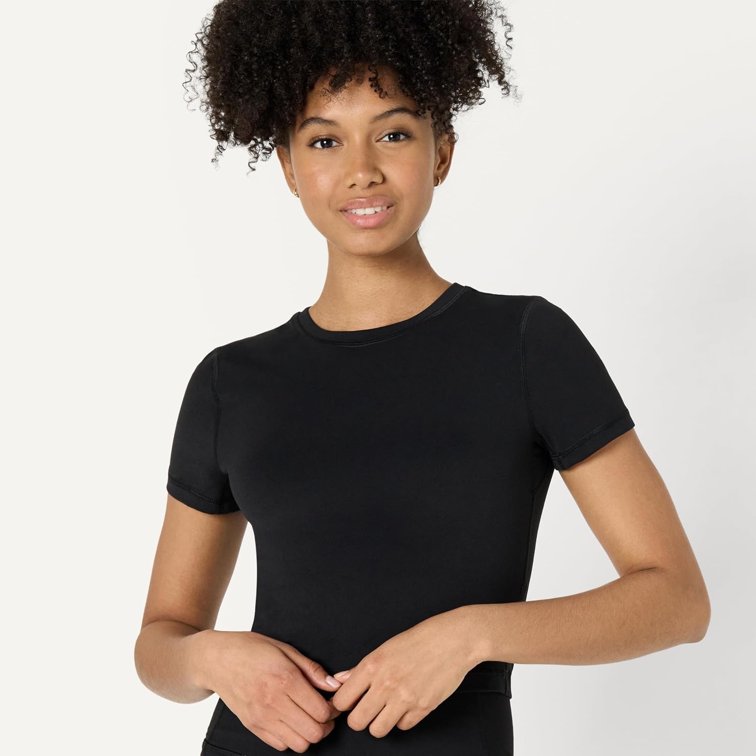 image:imageAmazon Essentials Womens Active FormFlex Buttery Soft Slim Fit Crop Layering Workout Top MoistureWickingBlack