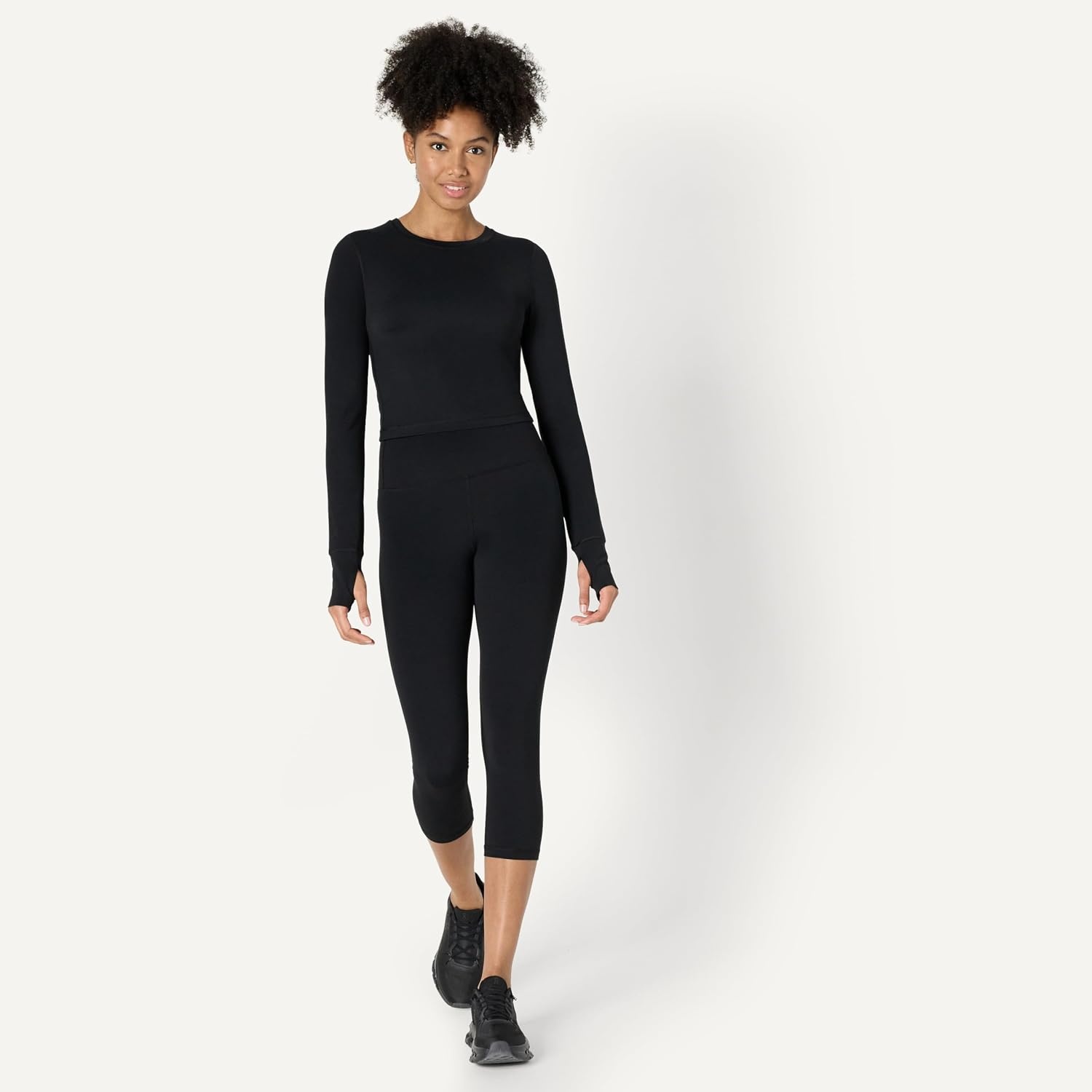 image:imageAmazon Essentials Womens Active FormFlex Buttery Soft Slim Fit Crop Layering Workout Top MoistureWickingBlack
