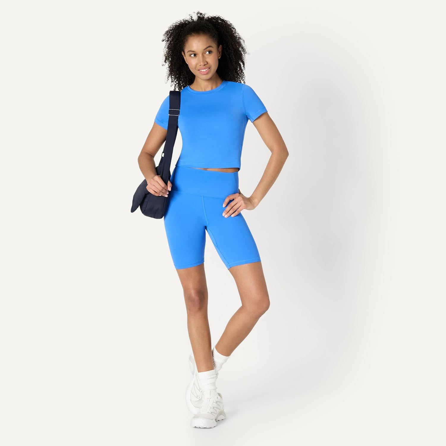 image:imageAmazon Essentials Womens Active FormFlex Buttery Soft Slim Fit Crop Layering Workout Top MoistureWickingBlue