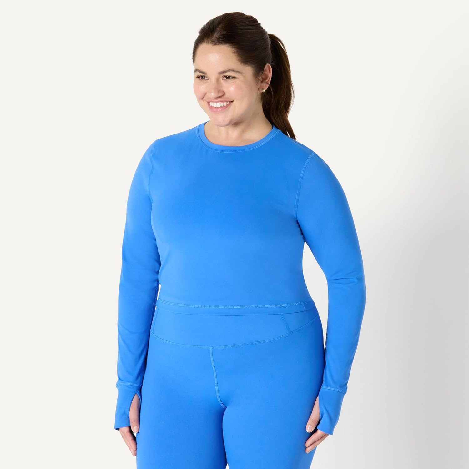 image:imageAmazon Essentials Womens Active FormFlex Buttery Soft Slim Fit Crop Layering Workout Top MoistureWickingBlue
