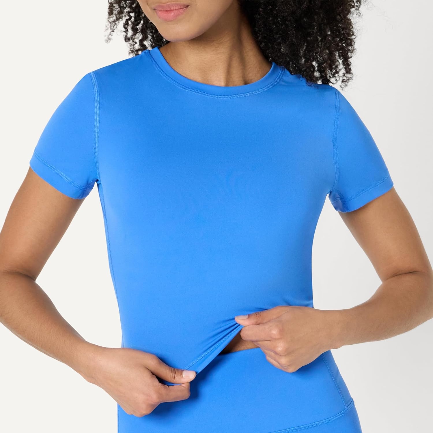image:imageAmazon Essentials Womens Active FormFlex Buttery Soft Slim Fit Crop Layering Workout Top MoistureWickingBlue