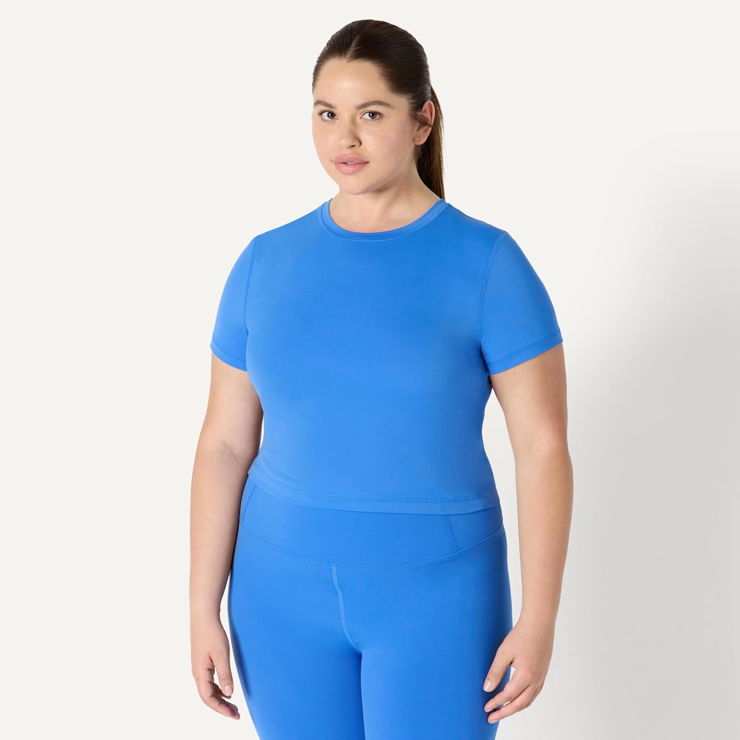 image:imageAmazon Essentials Womens Active FormFlex Buttery Soft Slim Fit Crop Layering Workout Top MoistureWickingBlue