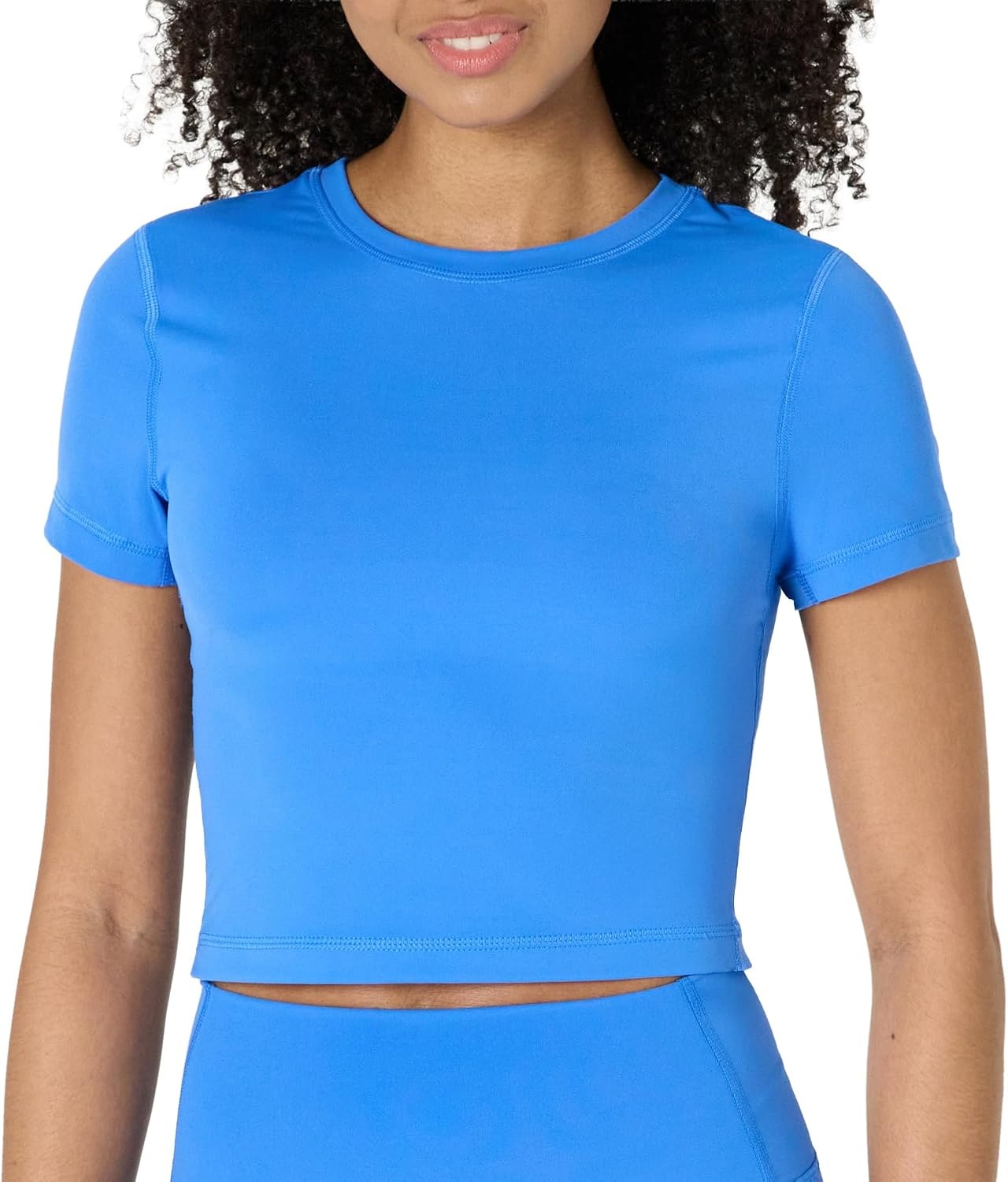 image:imageAmazon Essentials Womens Active FormFlex Buttery Soft Slim Fit Crop Layering Workout Top MoistureWickingBlue