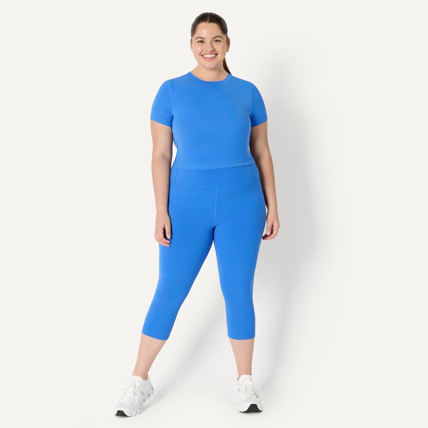 image:imageAmazon Essentials Womens Active FormFlex Buttery Soft Slim Fit Crop Layering Workout Top MoistureWickingBlue