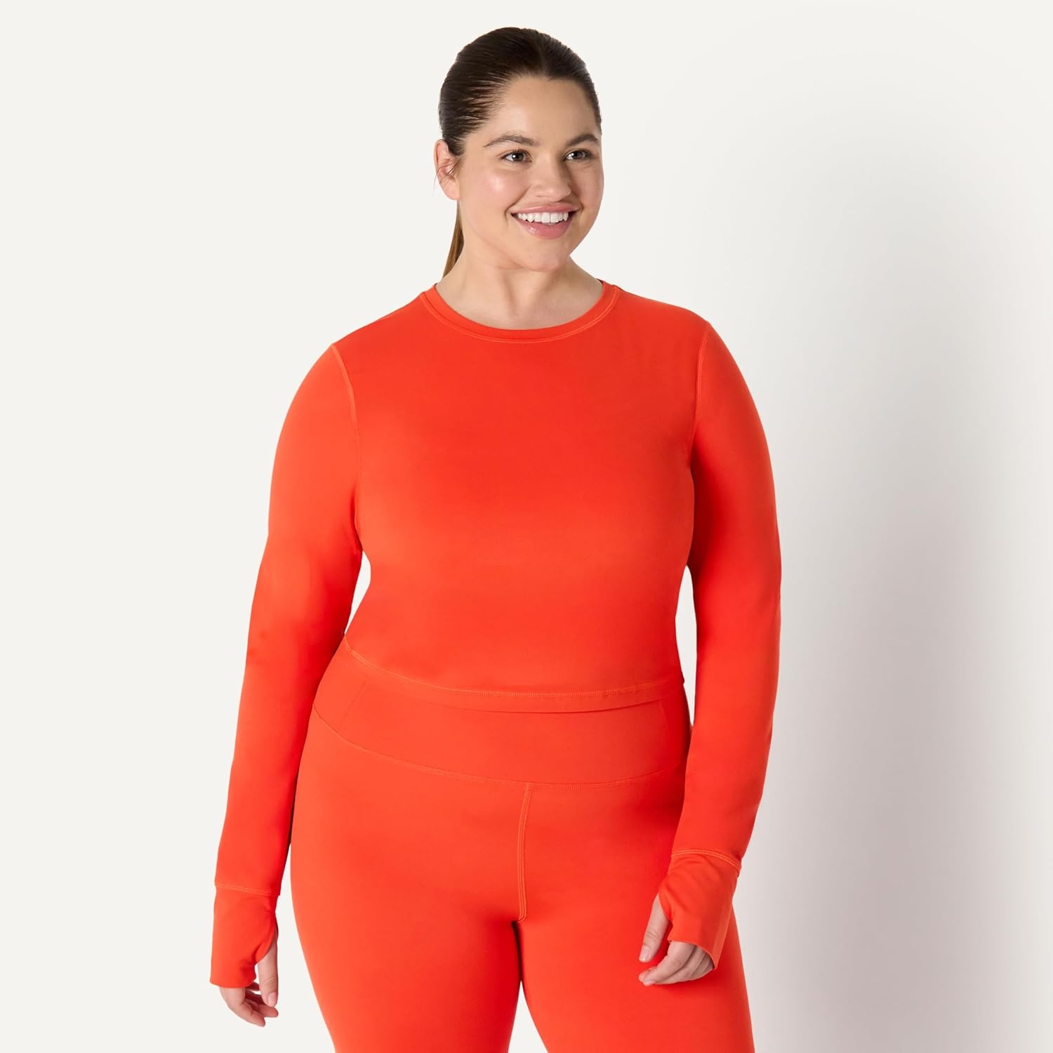 image:imageAmazon Essentials Womens Active FormFlex Buttery Soft Slim Fit Crop Layering Workout Top MoistureWickingBright Red