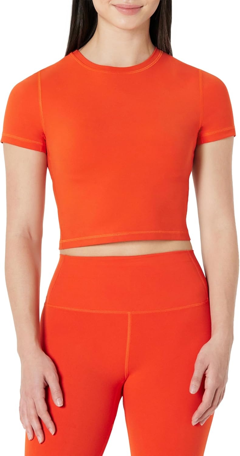 image:imageAmazon Essentials Womens Active FormFlex Buttery Soft Slim Fit Crop Layering Workout Top MoistureWickingBright Red
