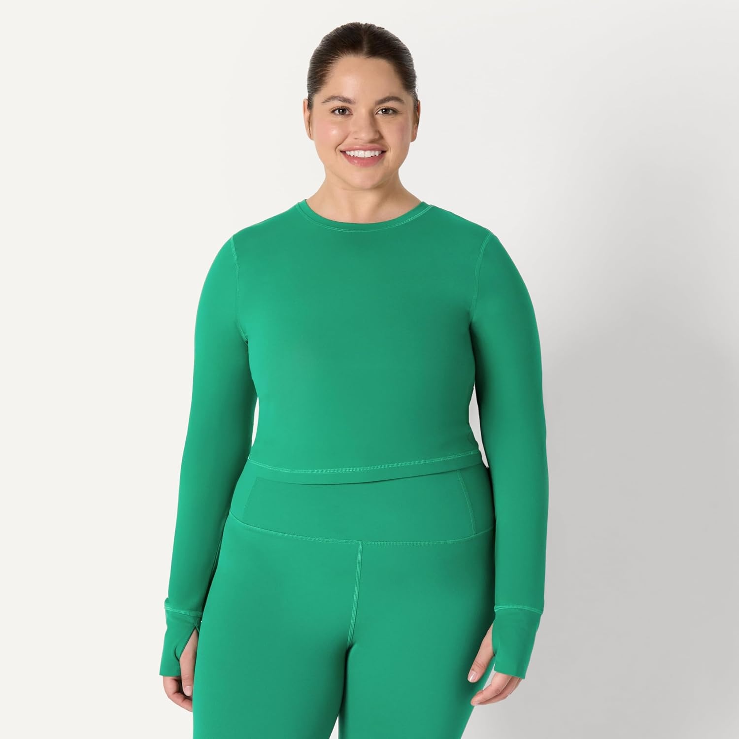 image:imageAmazon Essentials Womens Active FormFlex Buttery Soft Slim Fit Crop Layering Workout Top MoistureWickingEmerald Green