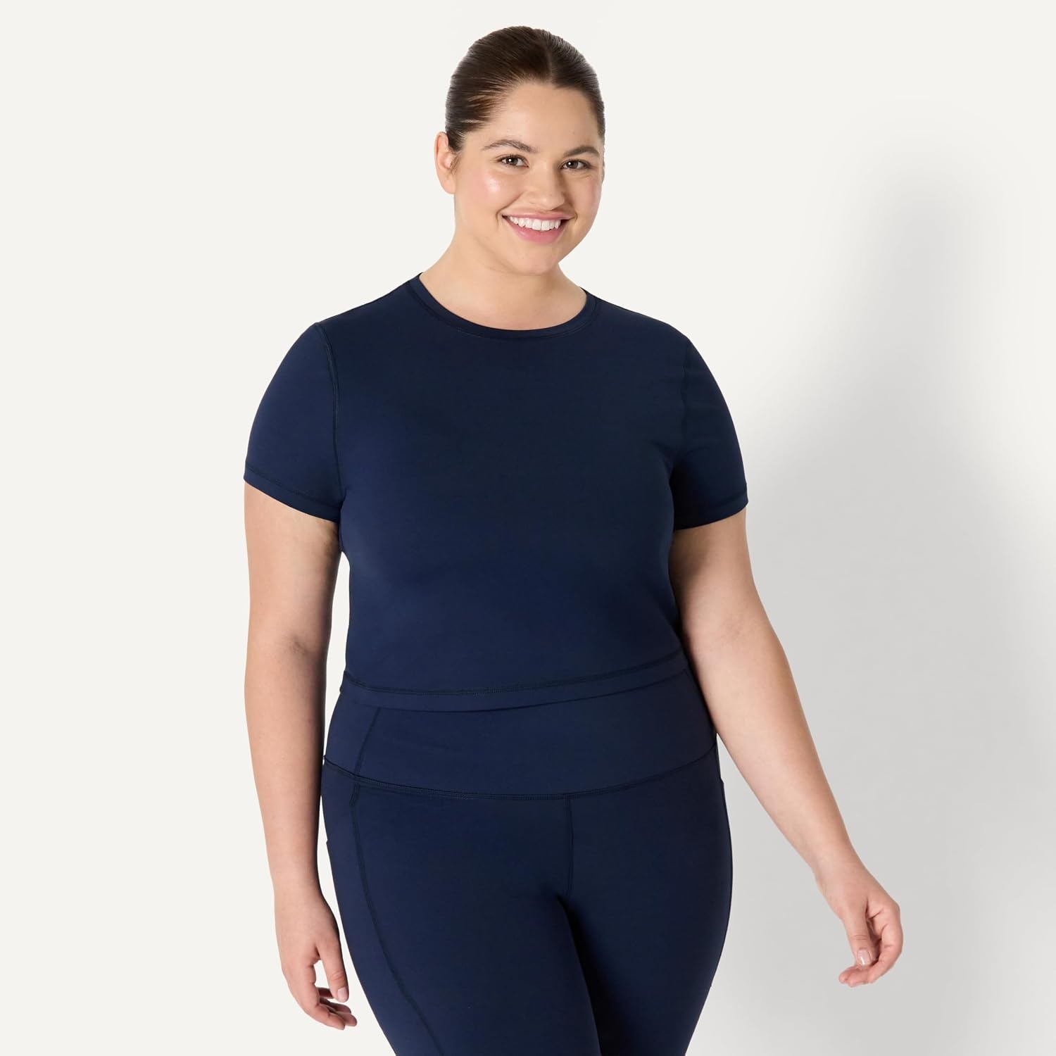 image:imageAmazon Essentials Womens Active FormFlex Buttery Soft Slim Fit Crop Layering Workout Top MoistureWickingNavy