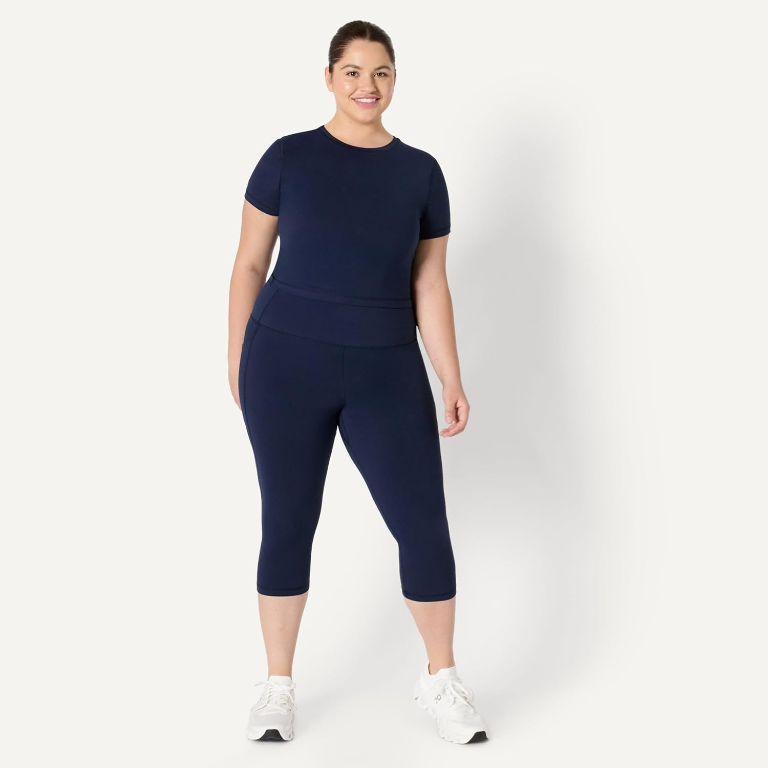 image:imageAmazon Essentials Womens Active FormFlex Buttery Soft Slim Fit Crop Layering Workout Top MoistureWickingNavy