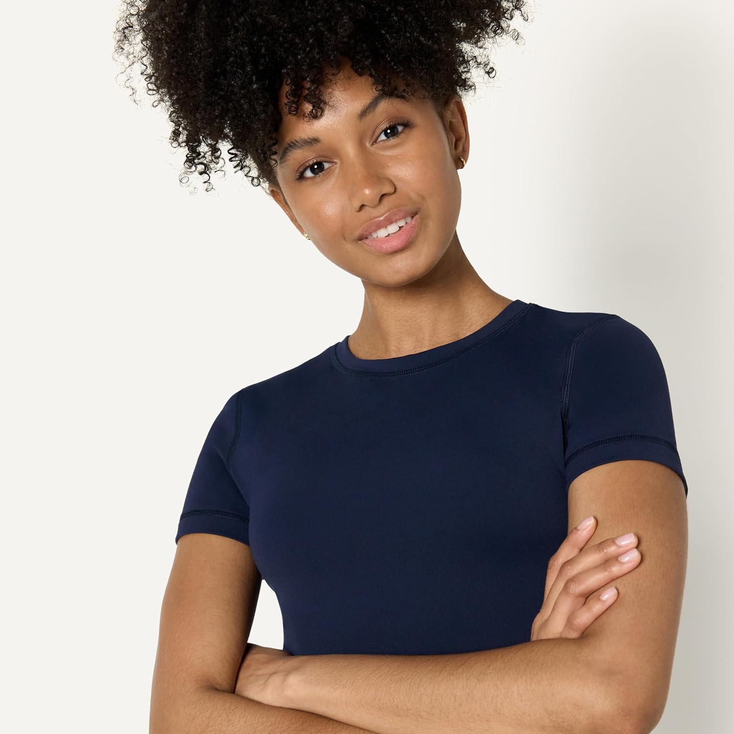 image:imageAmazon Essentials Womens Active FormFlex Buttery Soft Slim Fit Crop Layering Workout Top MoistureWickingNavy