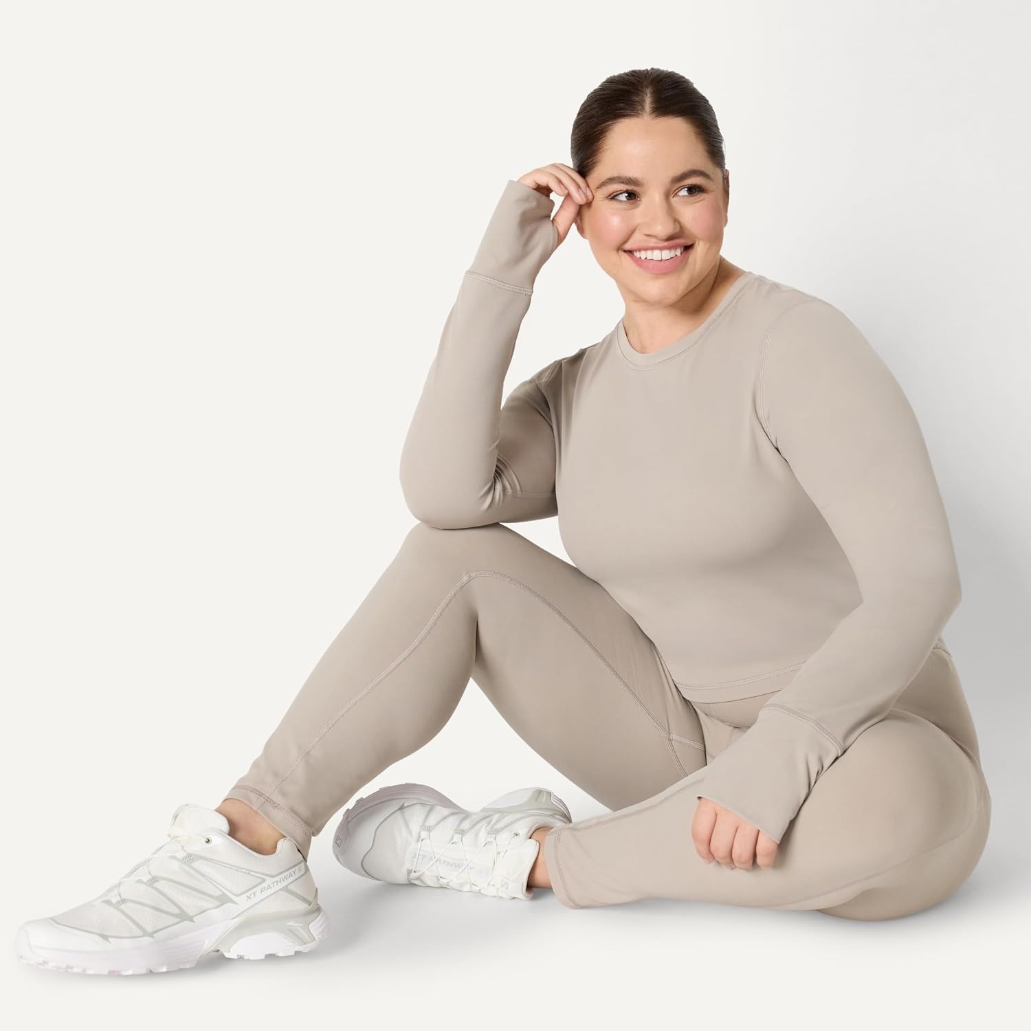image:imageAmazon Essentials Womens Active FormFlex Buttery Soft Slim Fit Crop Layering Workout Top MoistureWickingTaupe