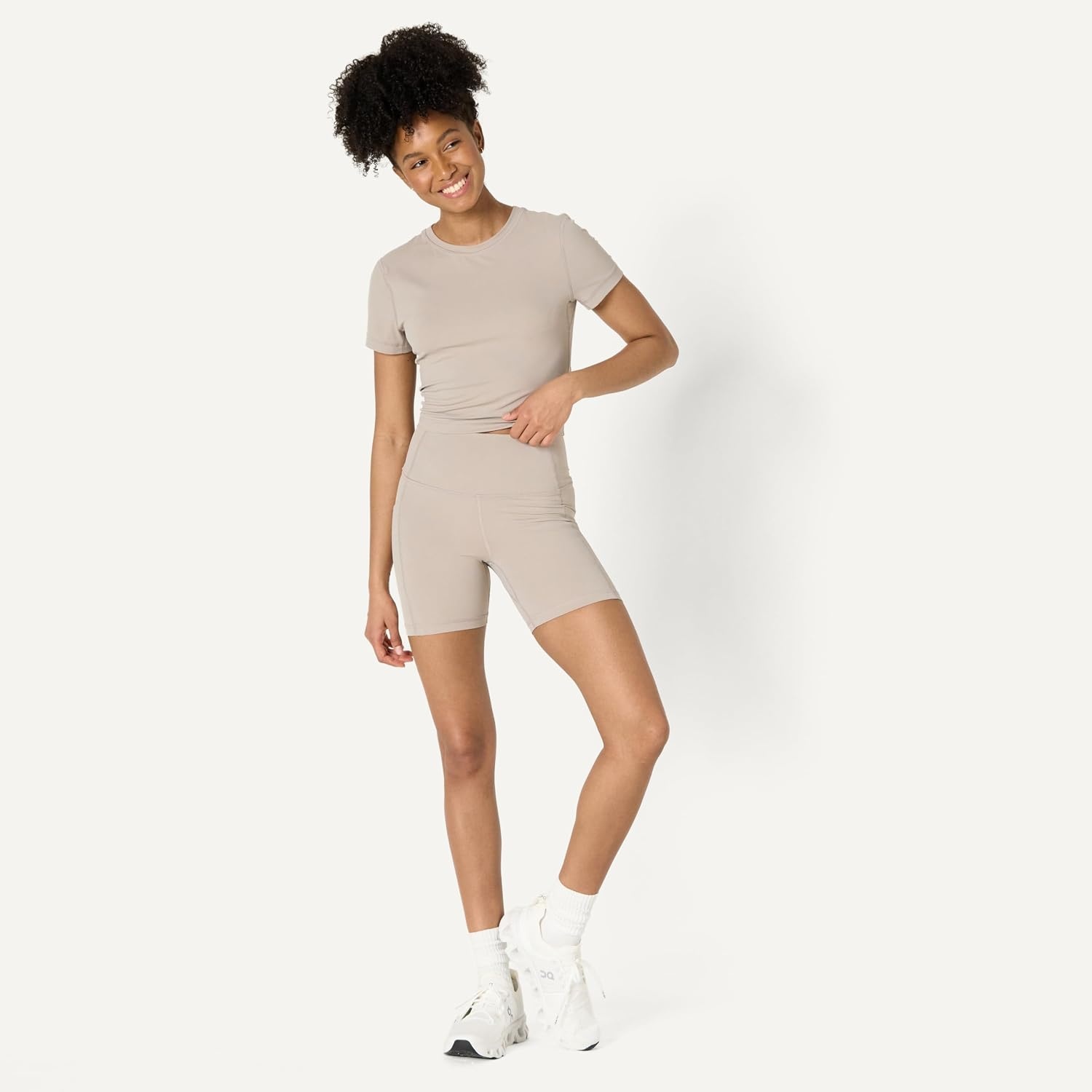 image:imageAmazon Essentials Womens Active FormFlex Buttery Soft Slim Fit Crop Layering Workout Top MoistureWickingTaupe