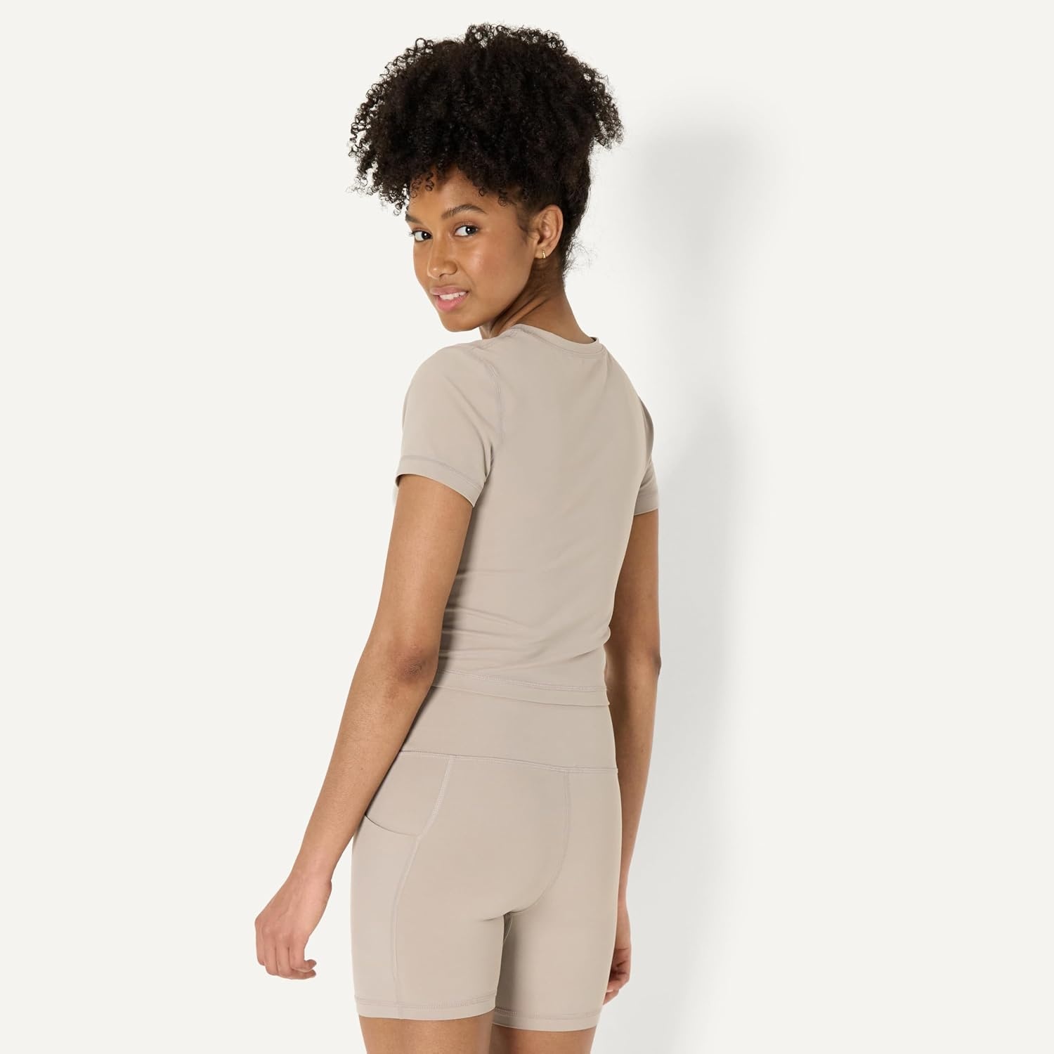 image:imageAmazon Essentials Womens Active FormFlex Buttery Soft Slim Fit Crop Layering Workout Top MoistureWickingTaupe