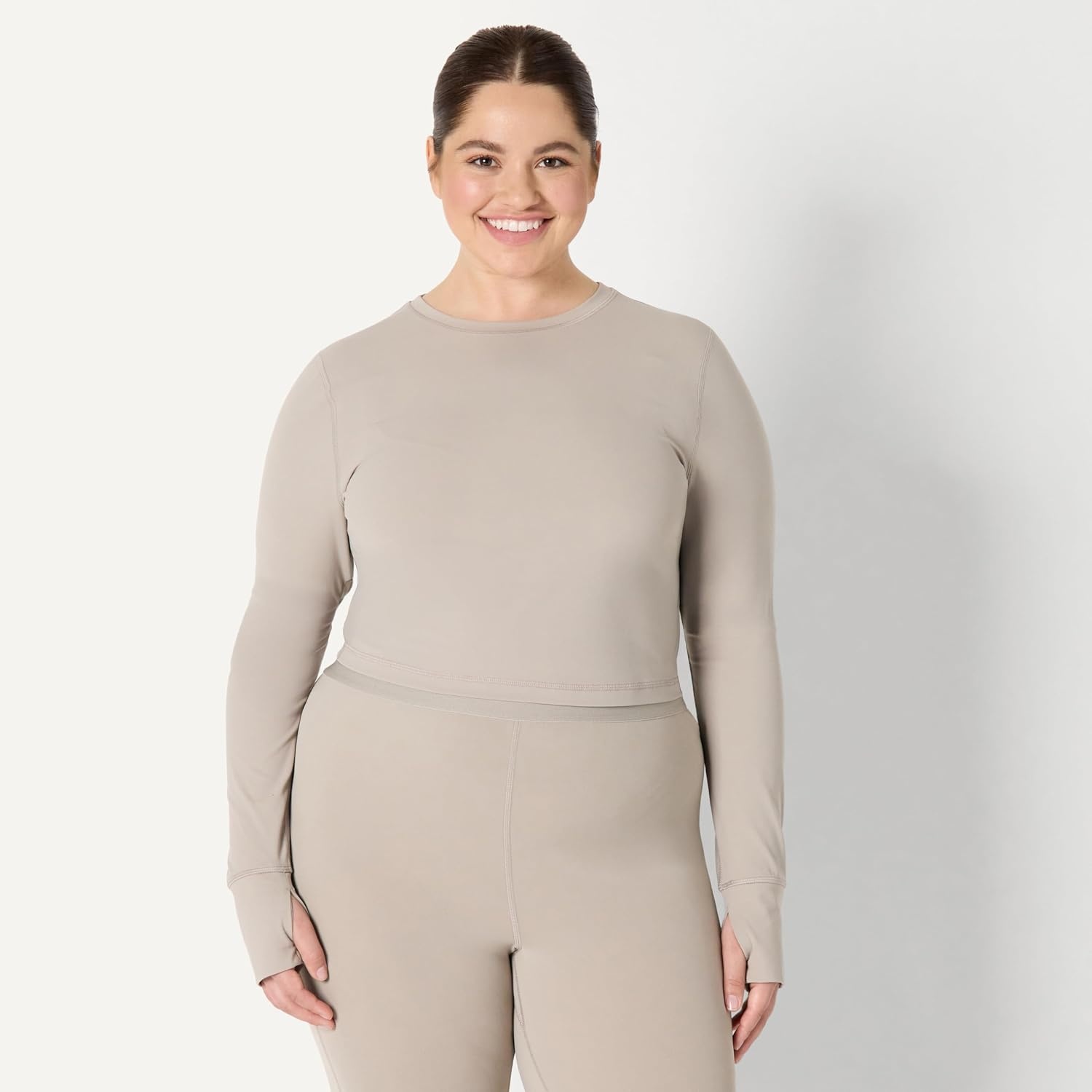 image:imageAmazon Essentials Womens Active FormFlex Buttery Soft Slim Fit Crop Layering Workout Top MoistureWickingTaupe