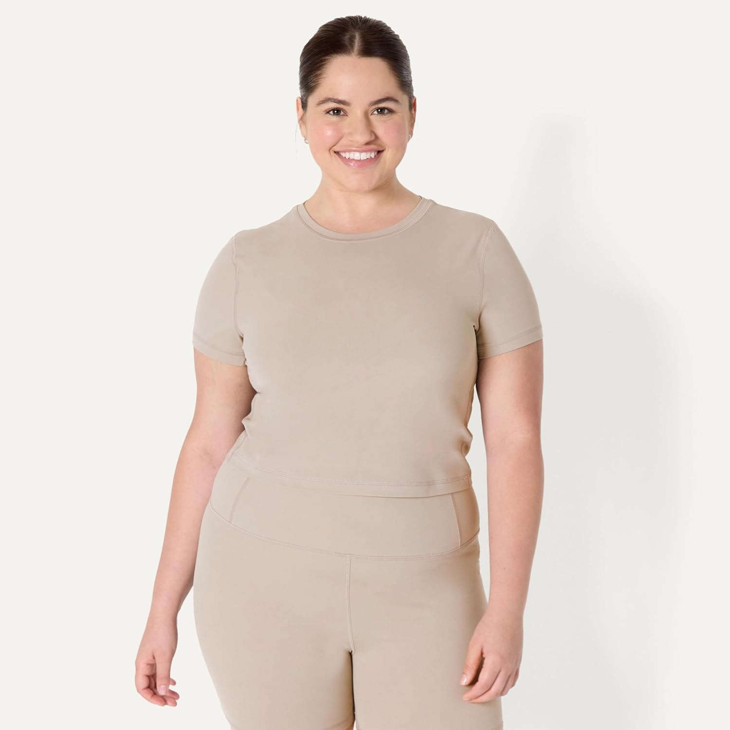 image:imageAmazon Essentials Womens Active FormFlex Buttery Soft Slim Fit Crop Layering Workout Top MoistureWickingTaupe