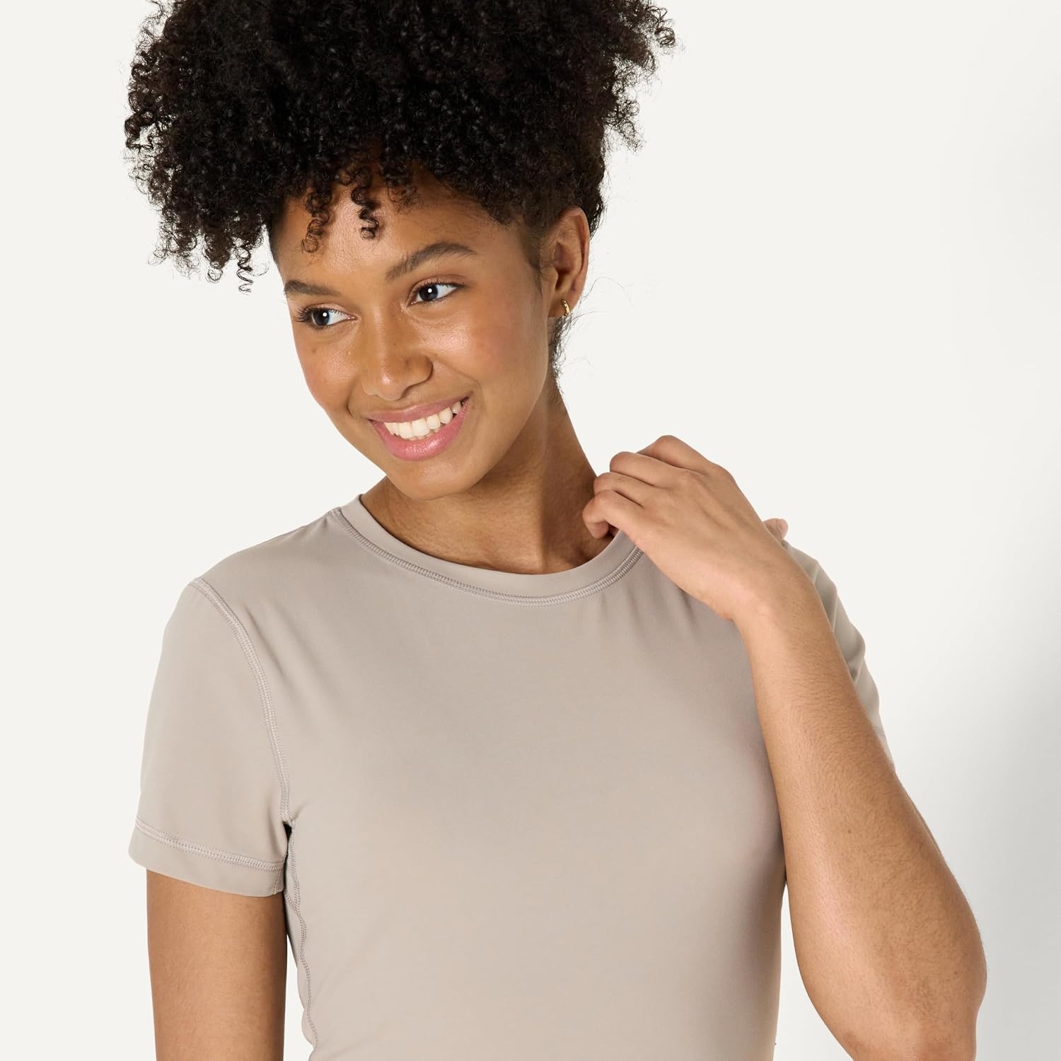 image:imageAmazon Essentials Womens Active FormFlex Buttery Soft Slim Fit Crop Layering Workout Top MoistureWickingTaupe