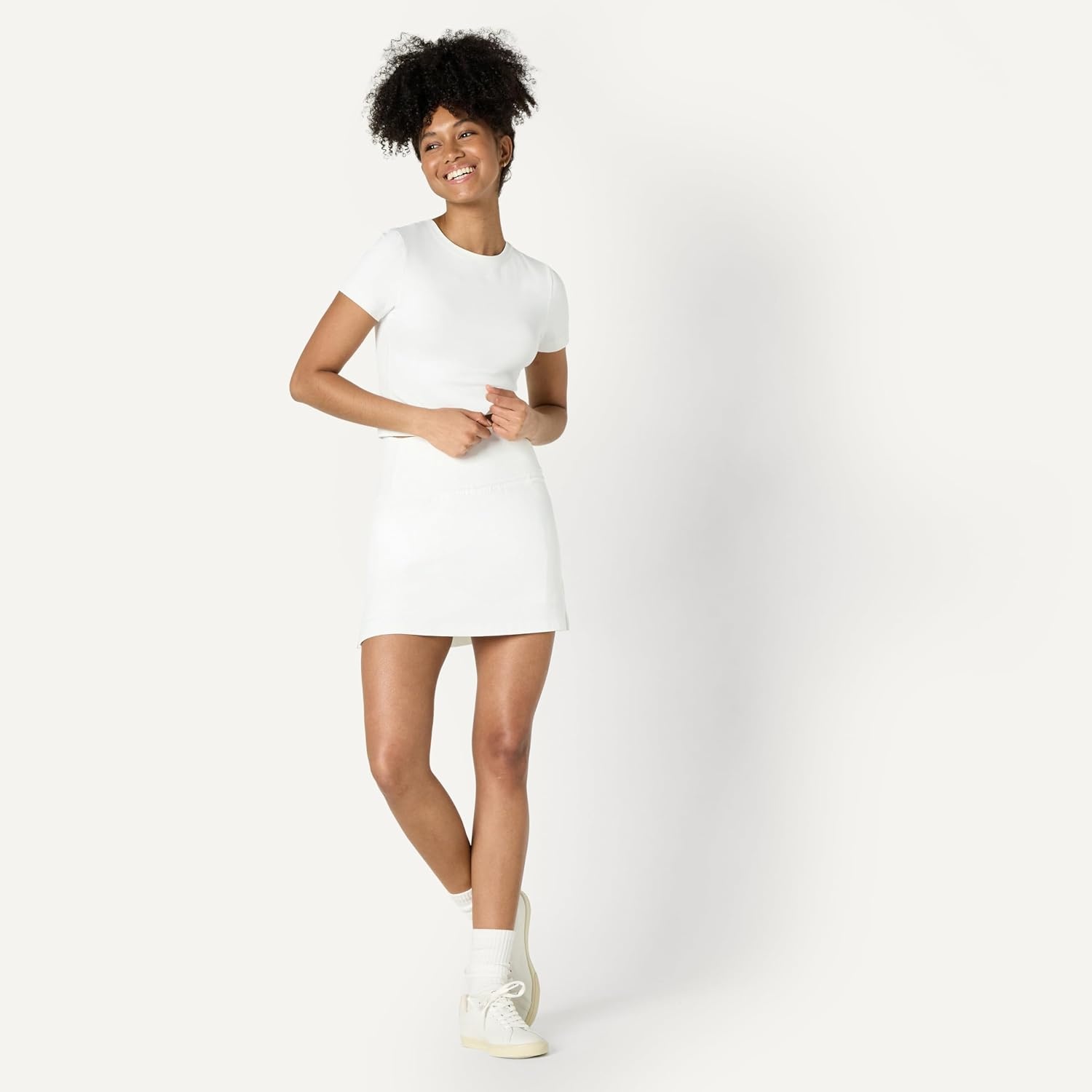 image:imageAmazon Essentials Womens Active FormFlex Buttery Soft Slim Fit Crop Layering Workout Top MoistureWickingWhite