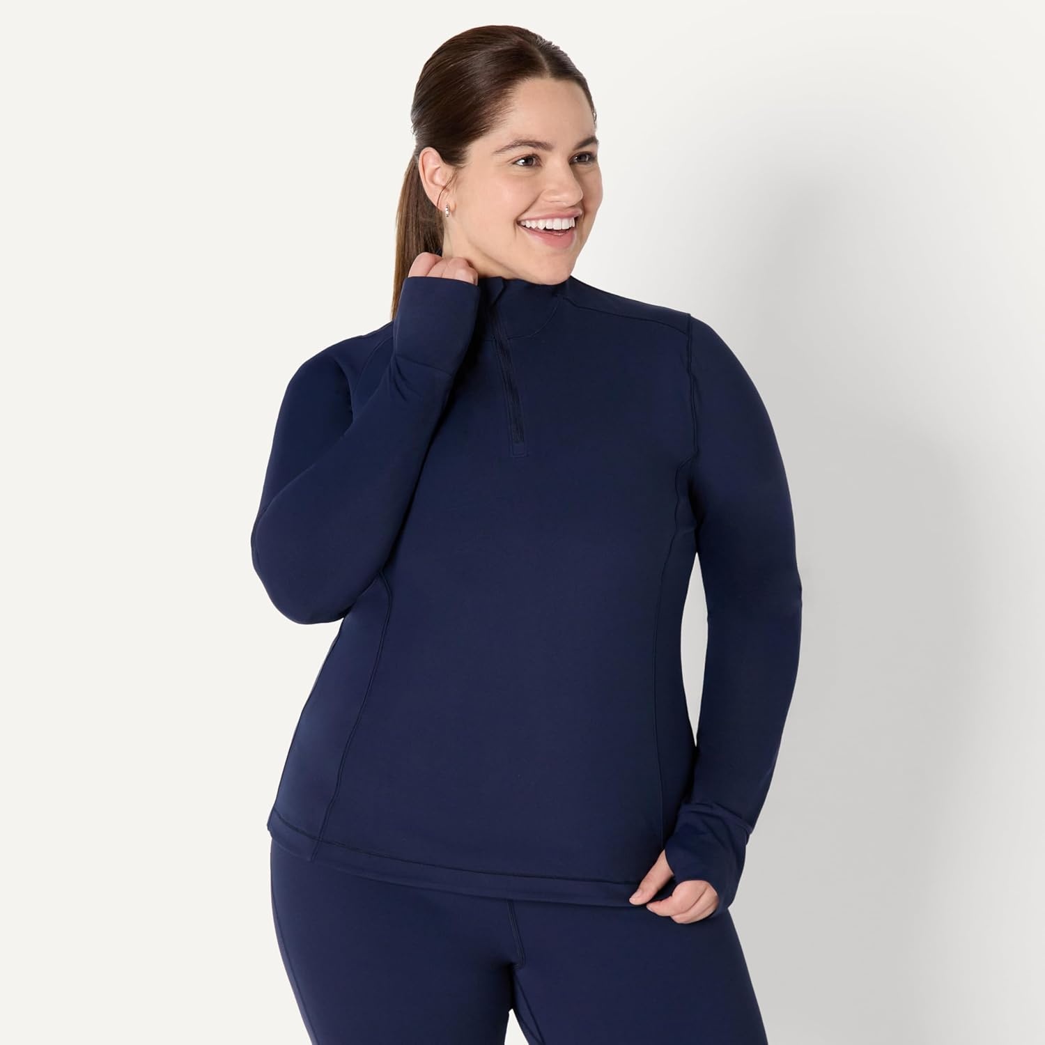 image:imageAmazon Essentials Womens Active FormFlex Buttery Soft Slim Fit Quarter Zip Long Sleeve Pullover Jacket Moisture WickingNavy
