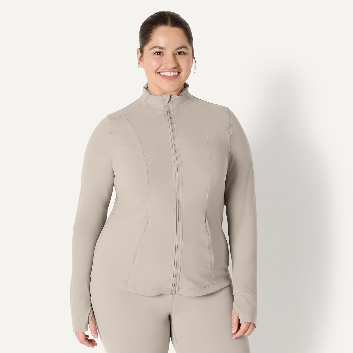 image:imageAmazon Essentials Womens Active FormFlex Buttery Soft Slim Fit Quarter Zip Long Sleeve Pullover Jacket Moisture WickingTaupe