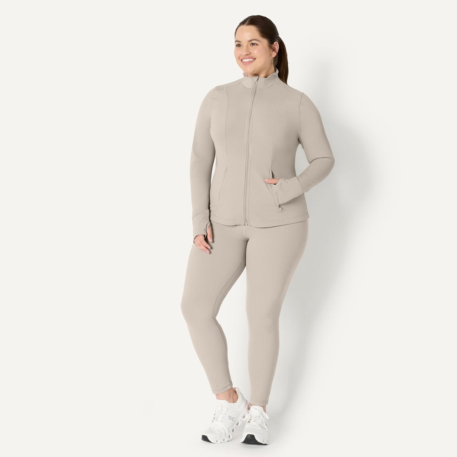 image:imageAmazon Essentials Womens Active FormFlex Buttery Soft Slim Fit Quarter Zip Long Sleeve Pullover Jacket Moisture WickingTaupe