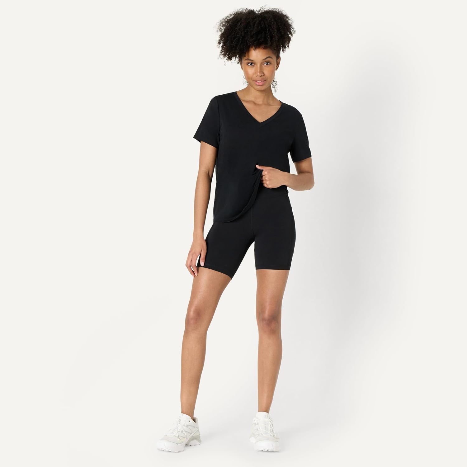 image:imageAmazon Essentials Womens Active Soft Cotton Modal VNeck Short Sleeve Lightweight Yoga Workout TShirt with Curved HemBlack