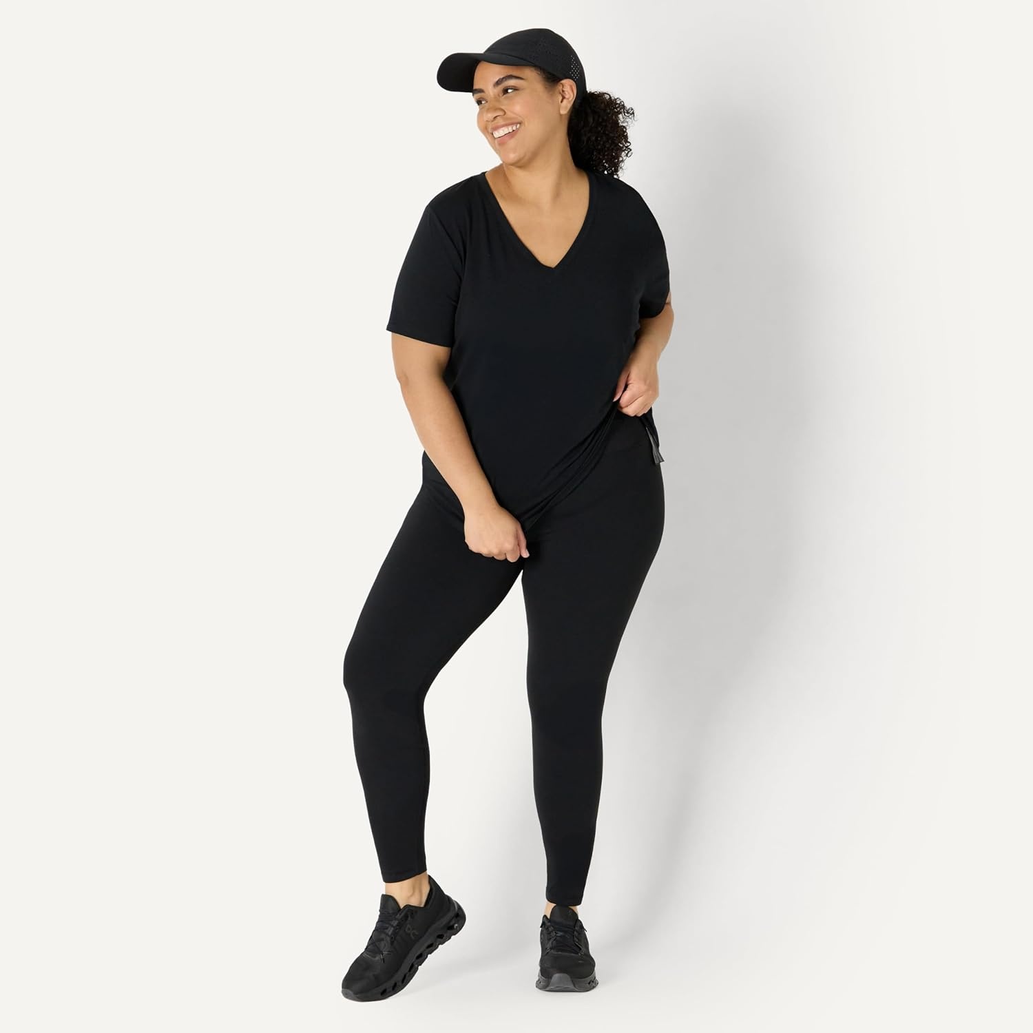image:imageAmazon Essentials Womens Active Soft Cotton Modal VNeck Short Sleeve Lightweight Yoga Workout TShirt with Curved HemBlack