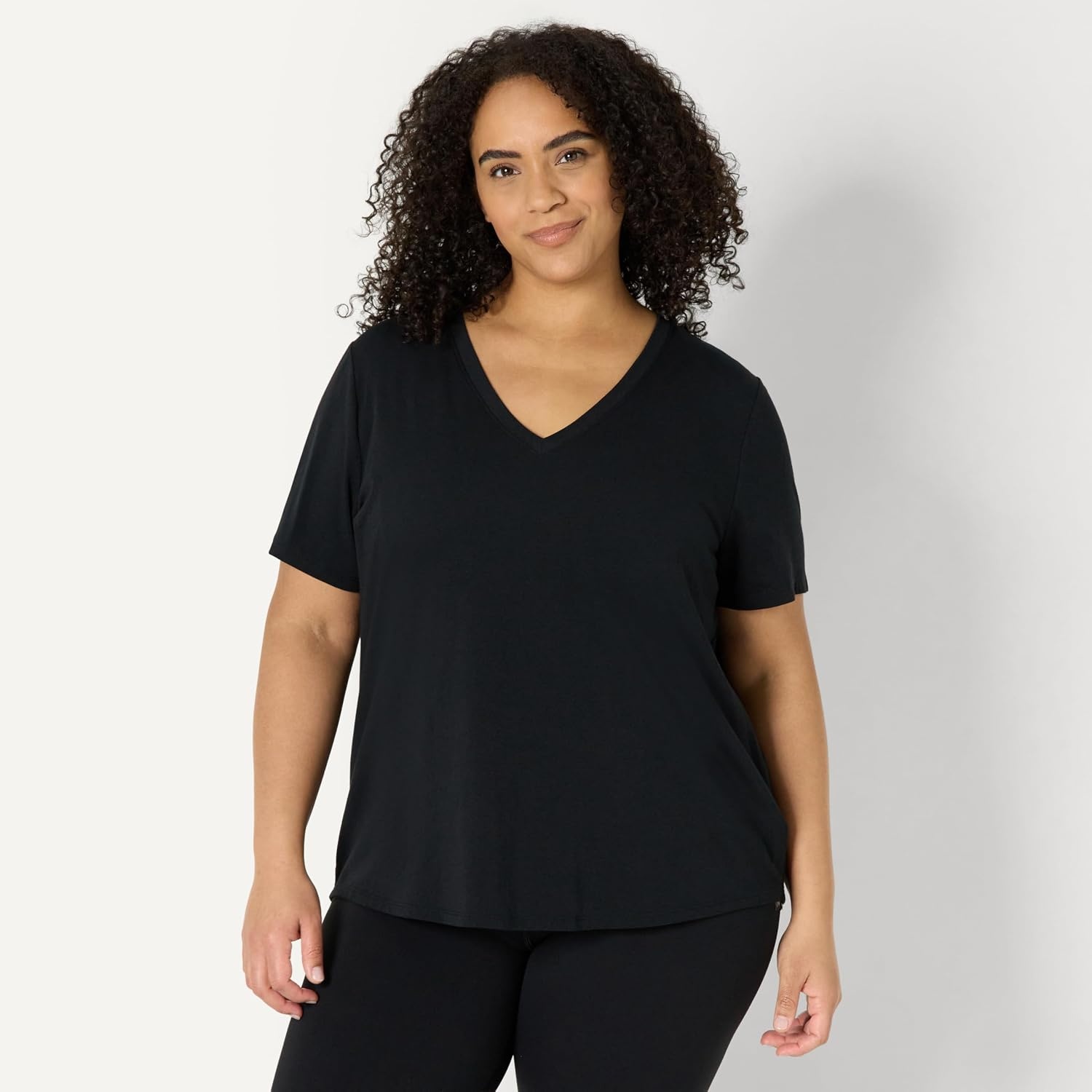 image:imageAmazon Essentials Womens Active Soft Cotton Modal VNeck Short Sleeve Lightweight Yoga Workout TShirt with Curved HemBlack