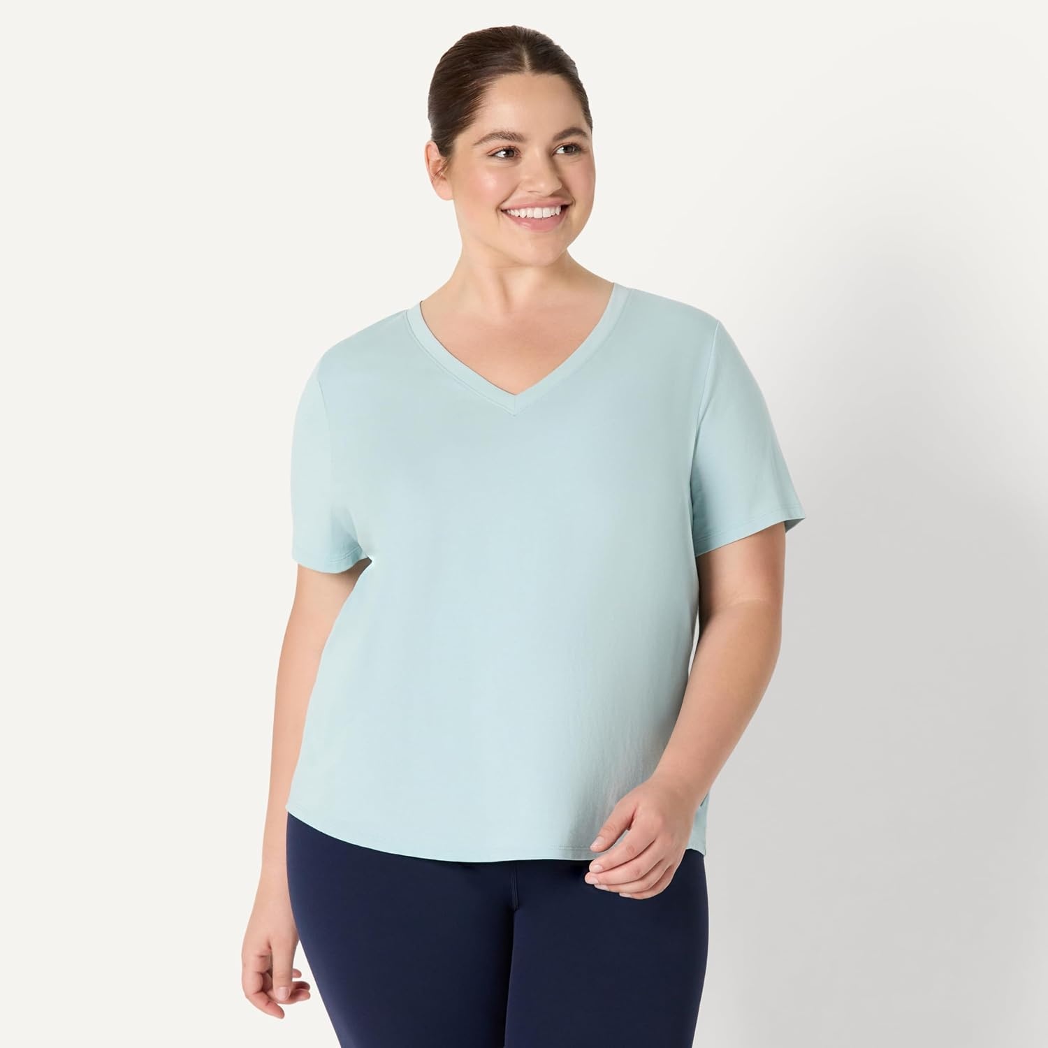 image:imageAmazon Essentials Womens Active Soft Cotton Modal VNeck Short Sleeve Lightweight Yoga Workout TShirt with Curved HemLight Blue