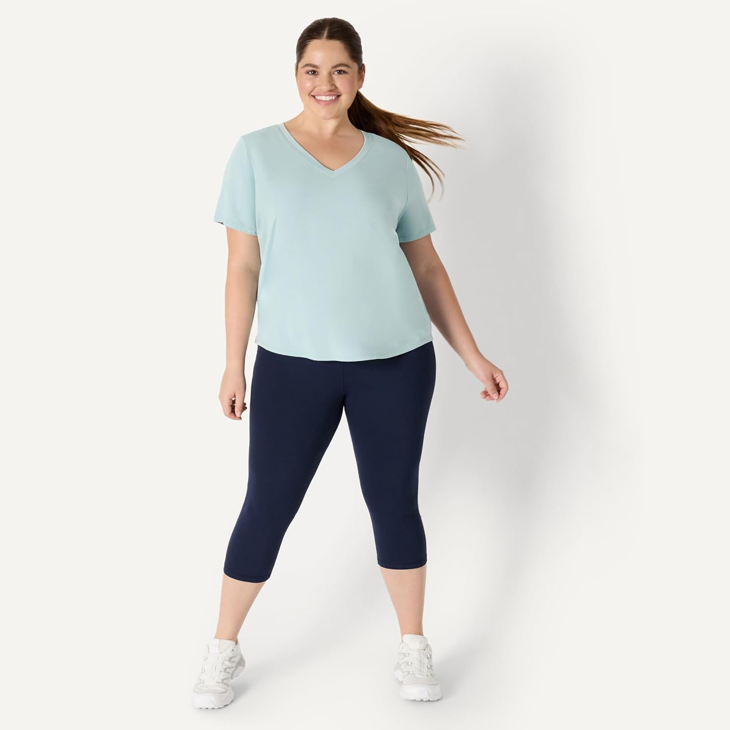 image:imageAmazon Essentials Womens Active Soft Cotton Modal VNeck Short Sleeve Lightweight Yoga Workout TShirt with Curved HemLight Blue