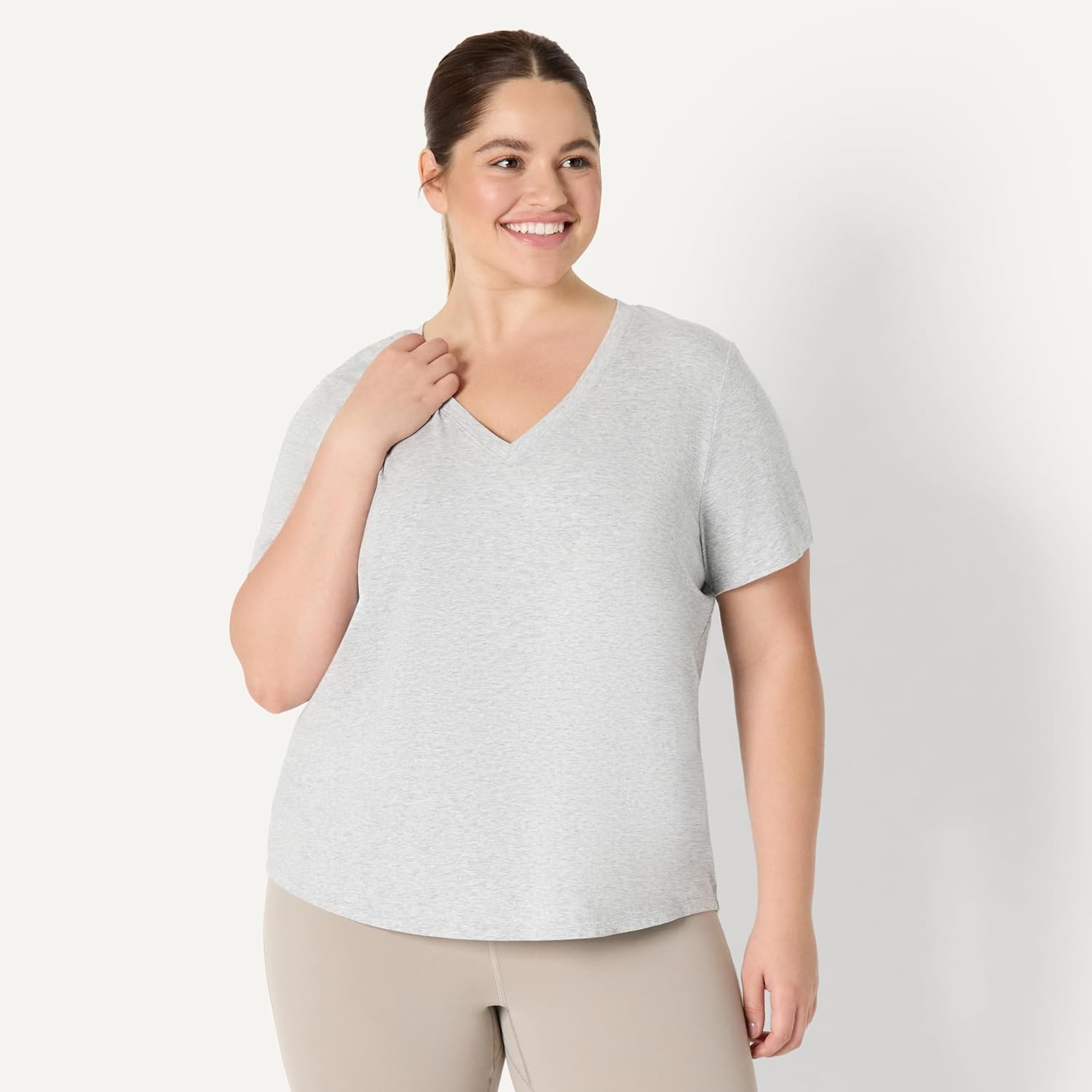 image:imageAmazon Essentials Womens Active Soft Cotton Modal VNeck Short Sleeve Lightweight Yoga Workout TShirt with Curved HemLight Grey Heather