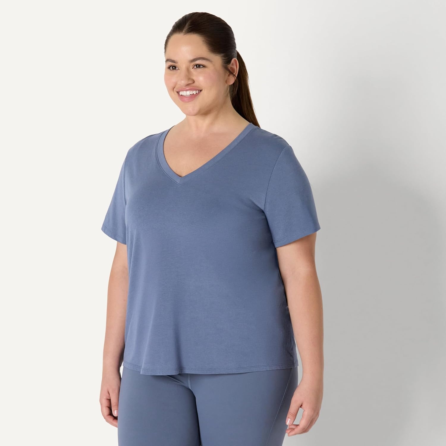 image:imageAmazon Essentials Womens Active Soft Cotton Modal VNeck Short Sleeve Lightweight Yoga Workout TShirt with Curved HemSlate Grey