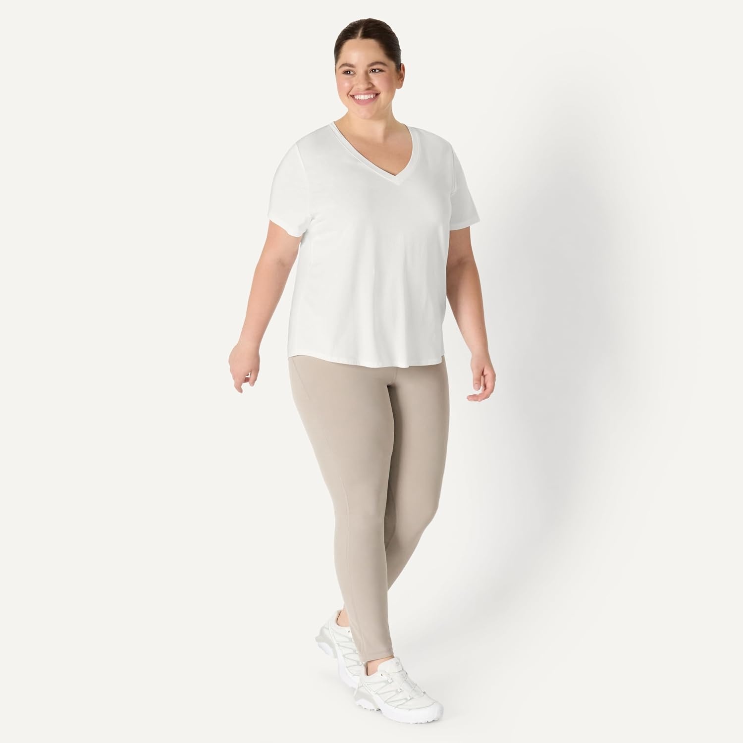 image:imageAmazon Essentials Womens Active Soft Cotton Modal VNeck Short Sleeve Lightweight Yoga Workout TShirt with Curved HemWhite