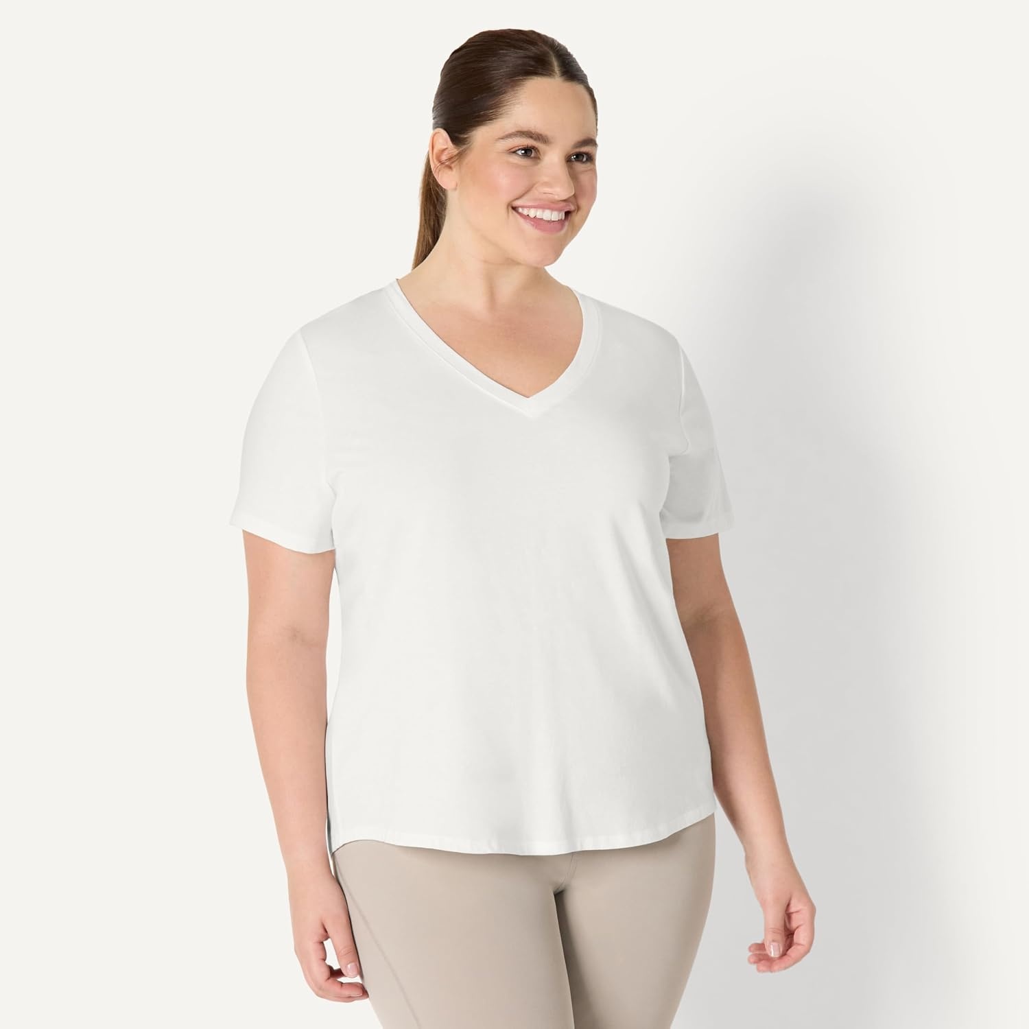 image:imageAmazon Essentials Womens Active Soft Cotton Modal VNeck Short Sleeve Lightweight Yoga Workout TShirt with Curved HemWhite