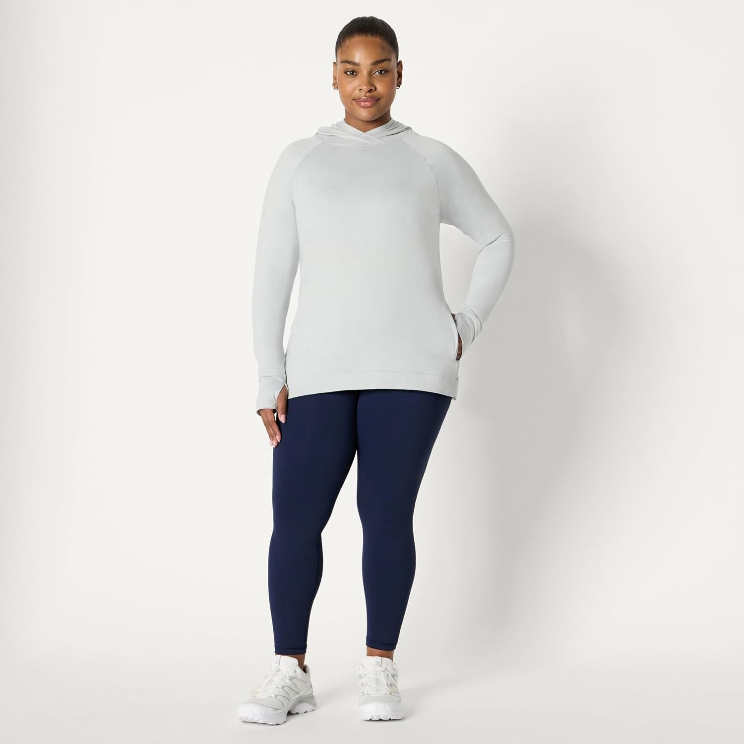 image:imageAmazon Essentials Womens Athletic Soft Performance Lightweight Long Sleeve Pullover Hoodie Workout TopSpace Dye Dove