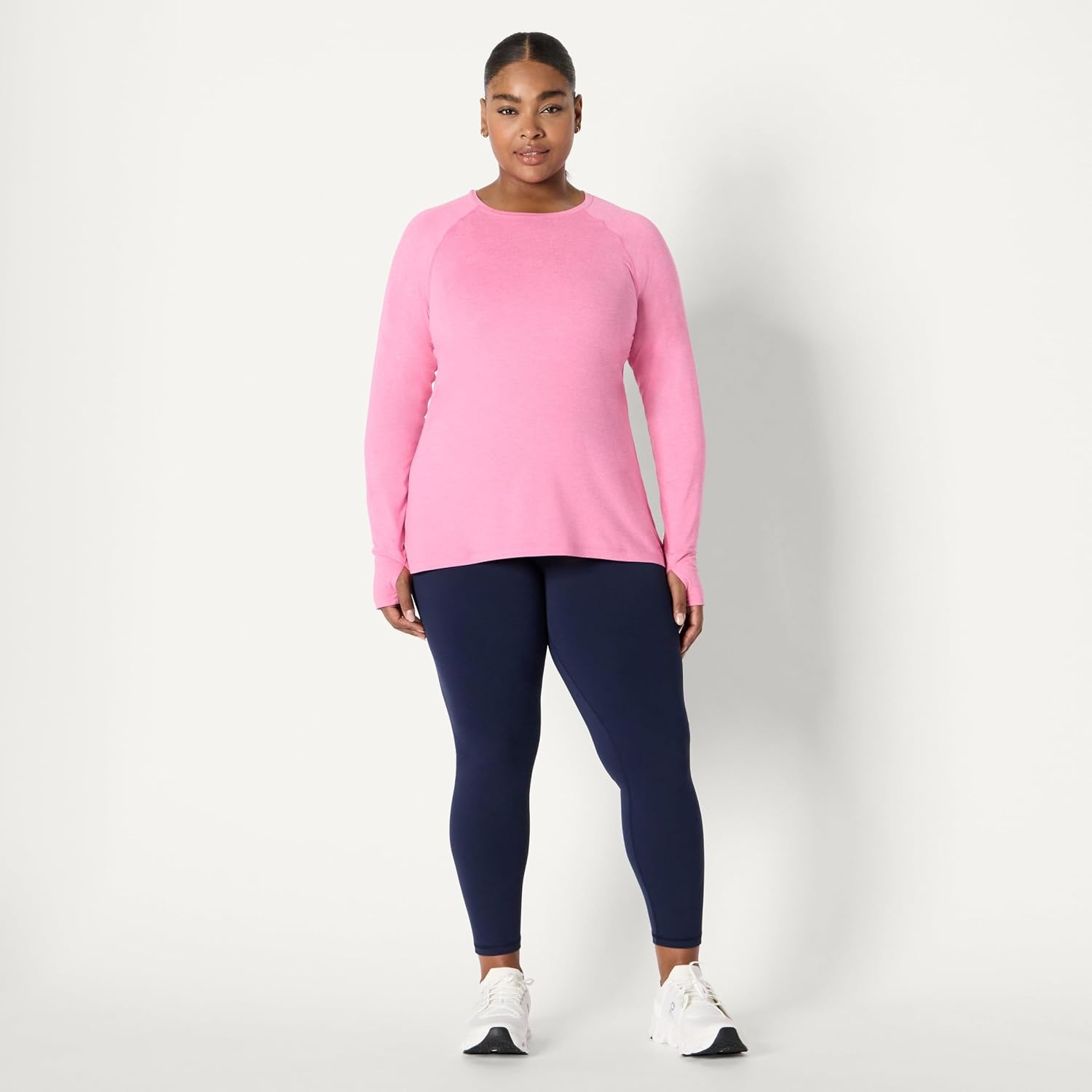 image:imageAmazon Essentials Womens Athletic Soft Performance Lightweight Stretch Long Sleeve Layering Workout Top with ThumbholesSpace Dye Pink