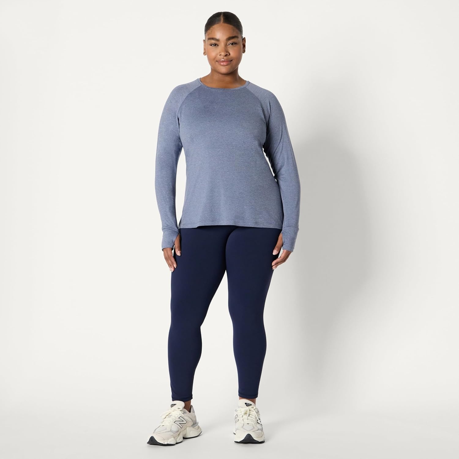 image:imageAmazon Essentials Womens Athletic Soft Performance Lightweight Stretch Long Sleeve Layering Workout Top with ThumbholesSpace Dye Slate