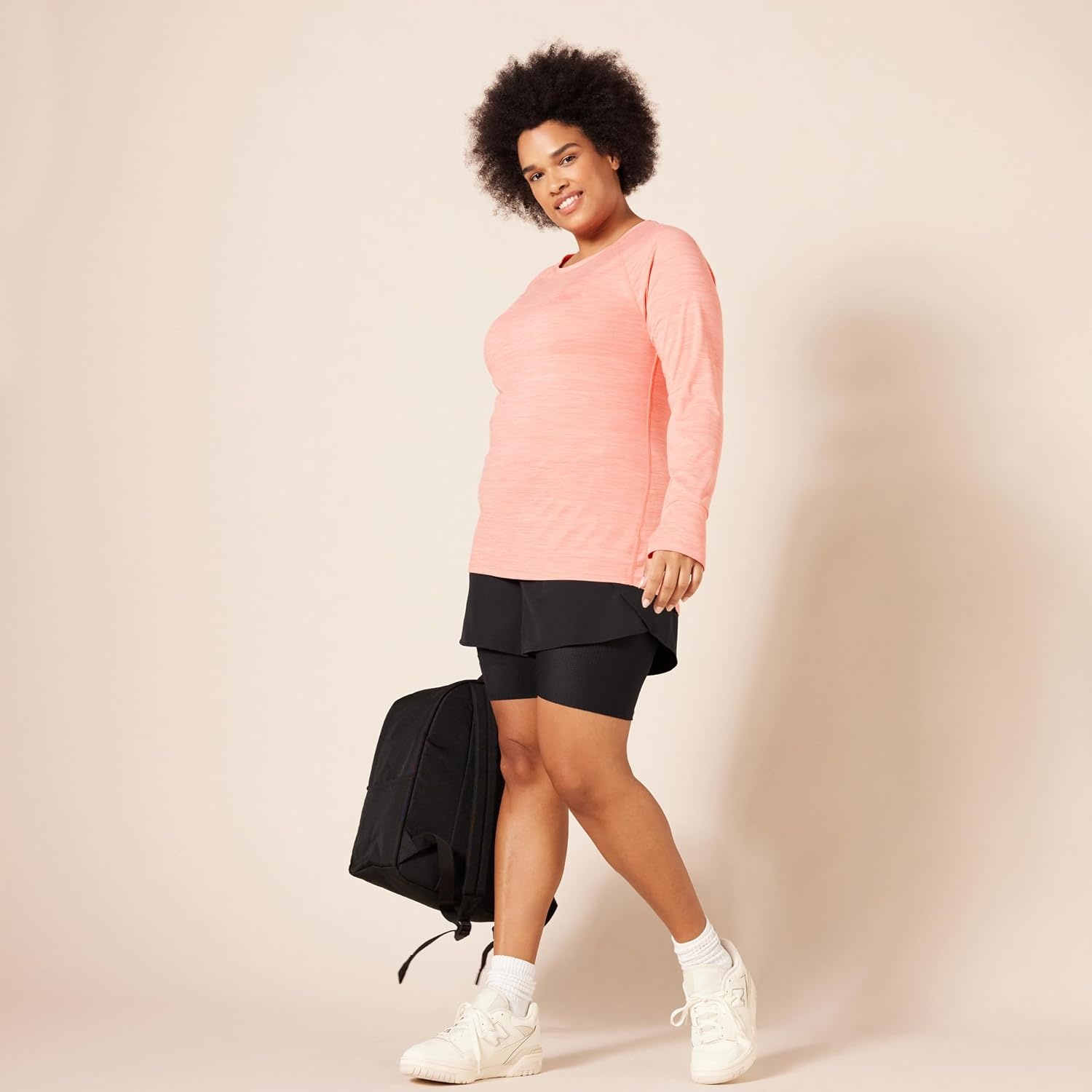 image:imageAmazon Essentials Womens Brushed Tech Stretch LongSleeve Crewneck Shirt Available in Plus SizeCoral Pink
