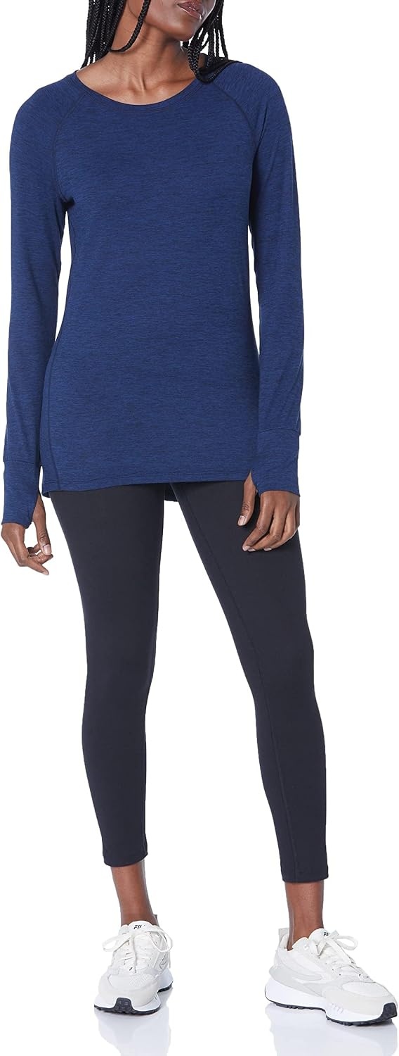 image:imageAmazon Essentials Womens Brushed Tech Stretch LongSleeve Crewneck Shirt Available in Plus SizeNavy Space Dye