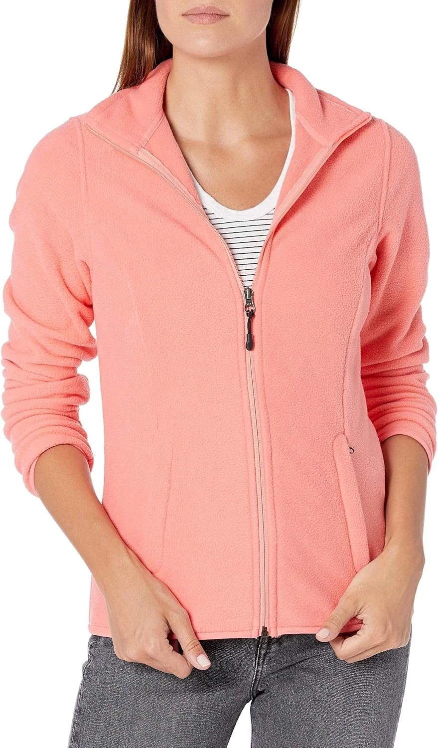 image:imageAmazon Essentials Womens ClassicFit FullZip Polar Soft Fleece Jacket Outerwear Coat with Cuffs Available in Plus SizeBright Coral